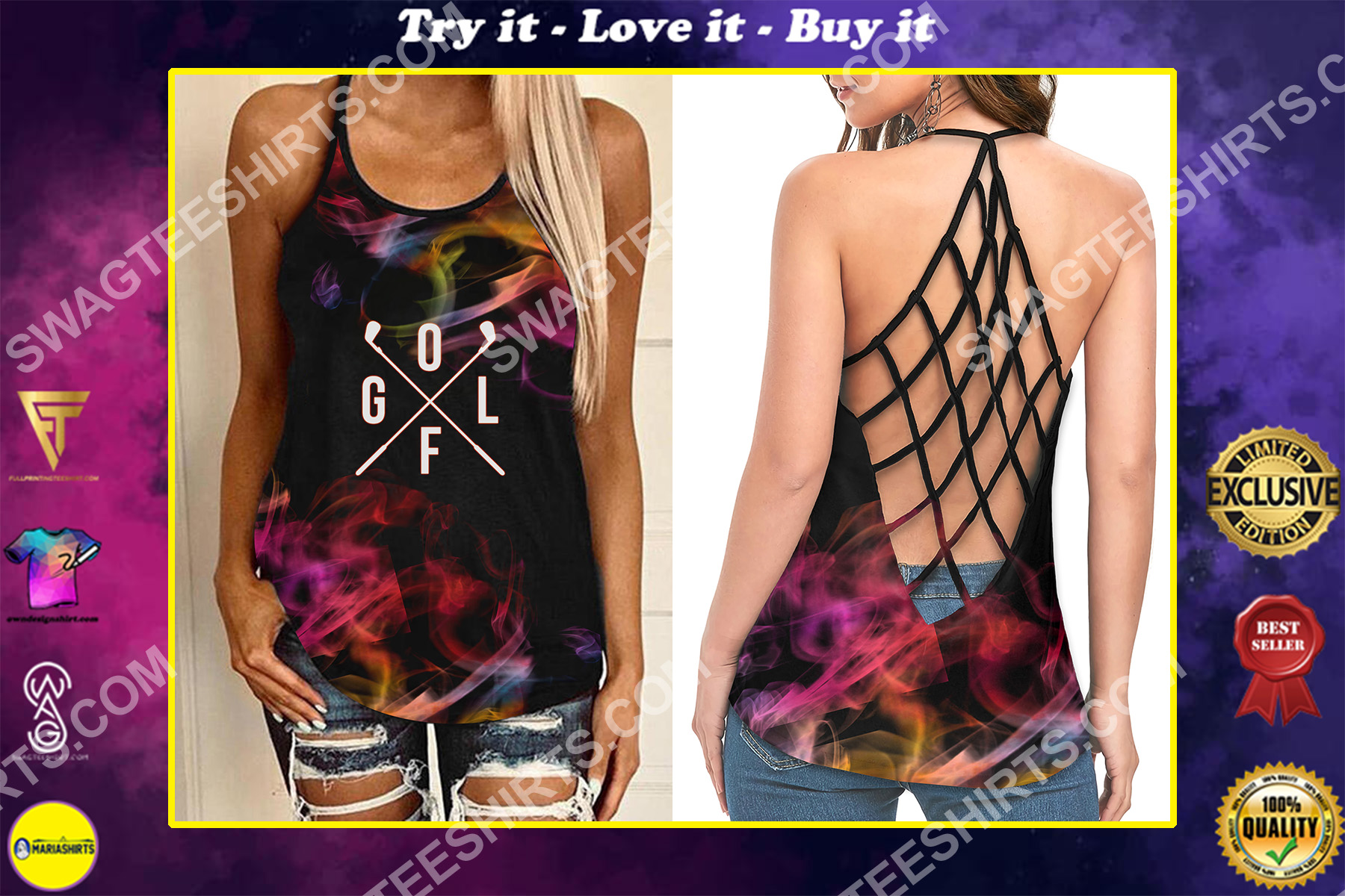colorful golf all over printed strappy back tank top
