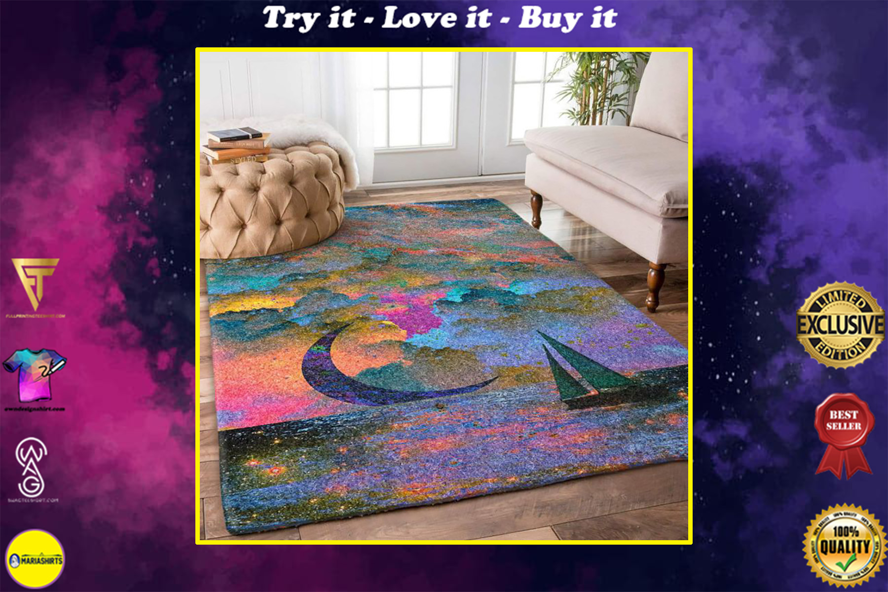 colorful ocean boat moon and star all over printed rug