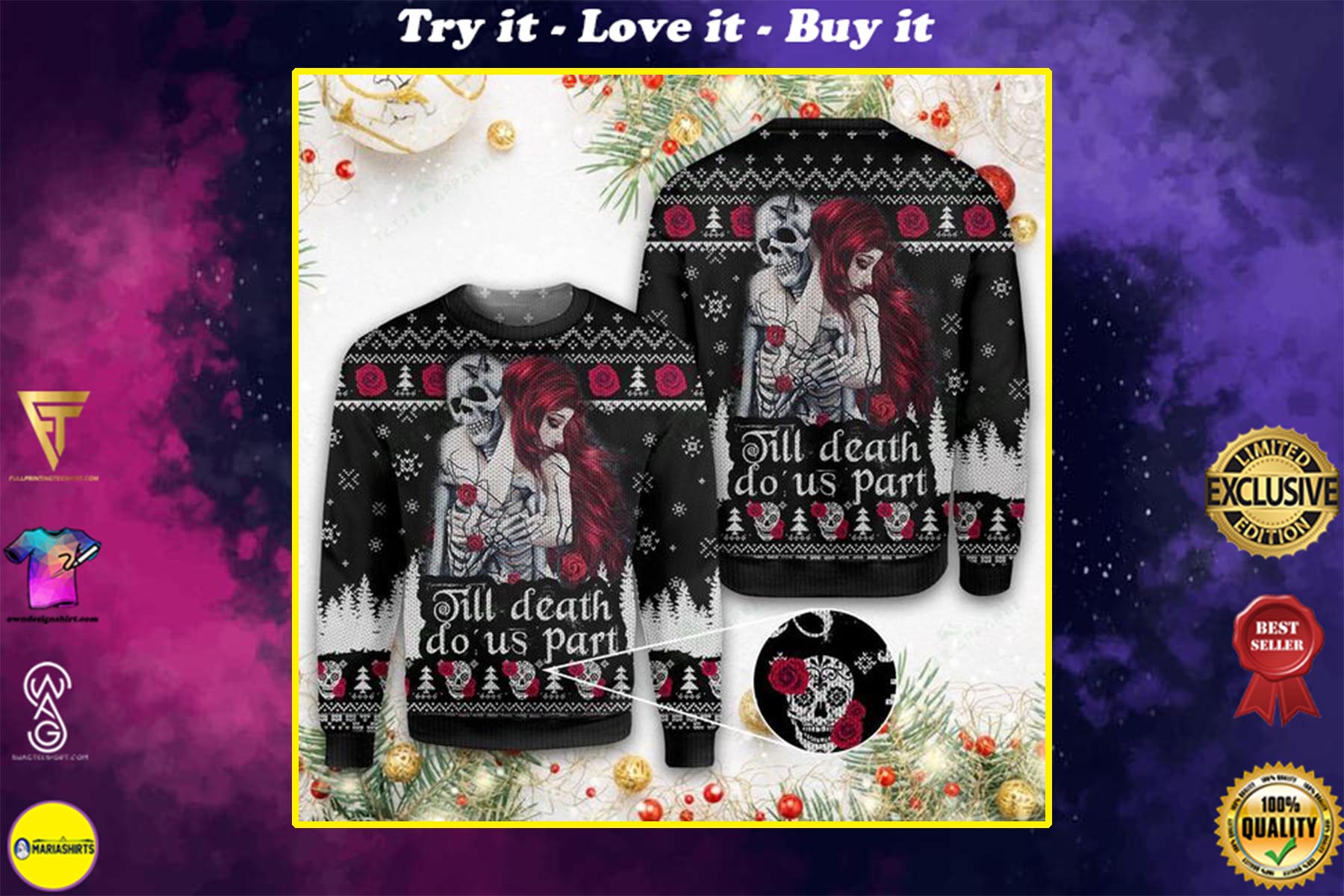 couple skull till death do us part all over printed ugly christmas sweater