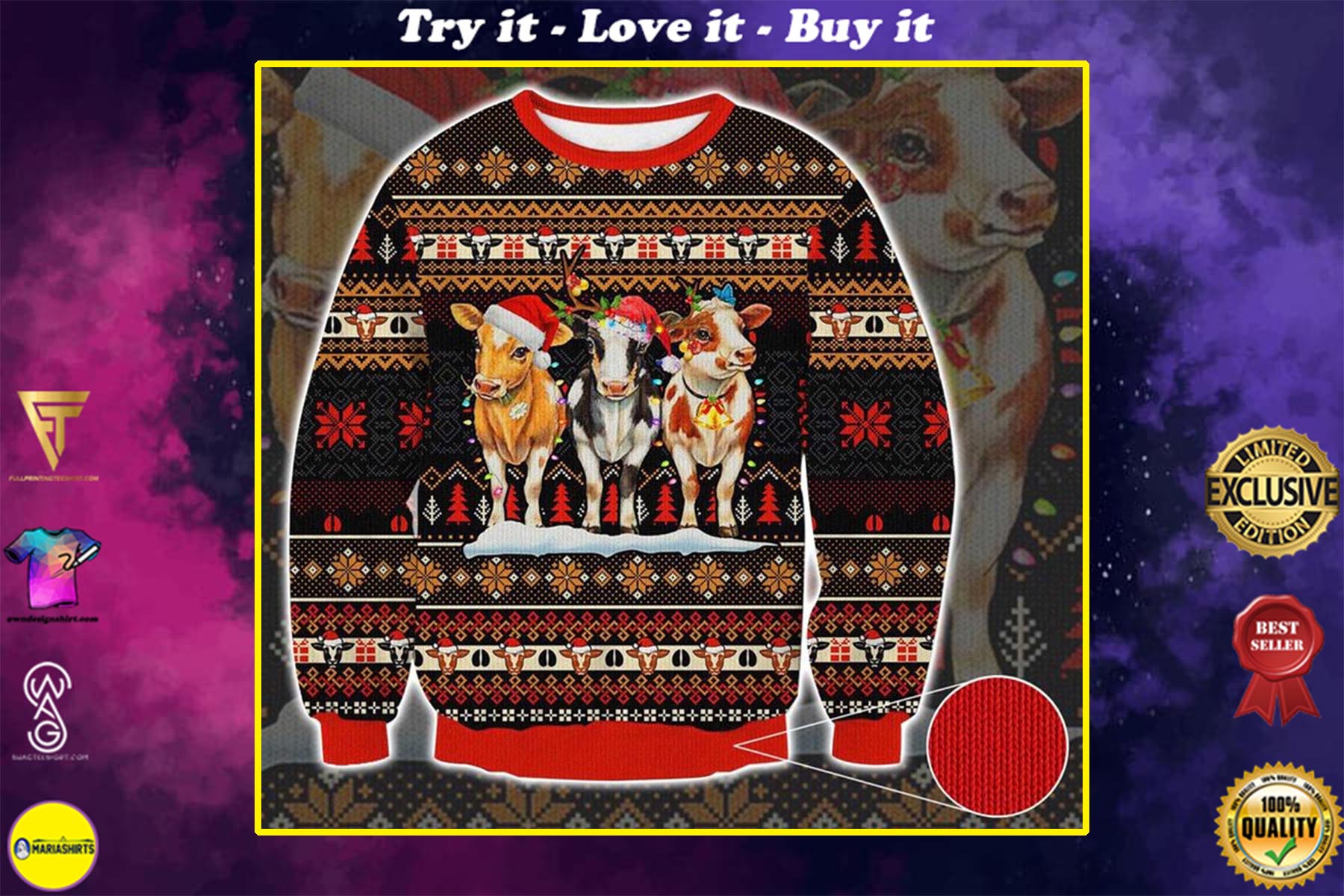vcows christmas light all over printed ugly christmas sweater