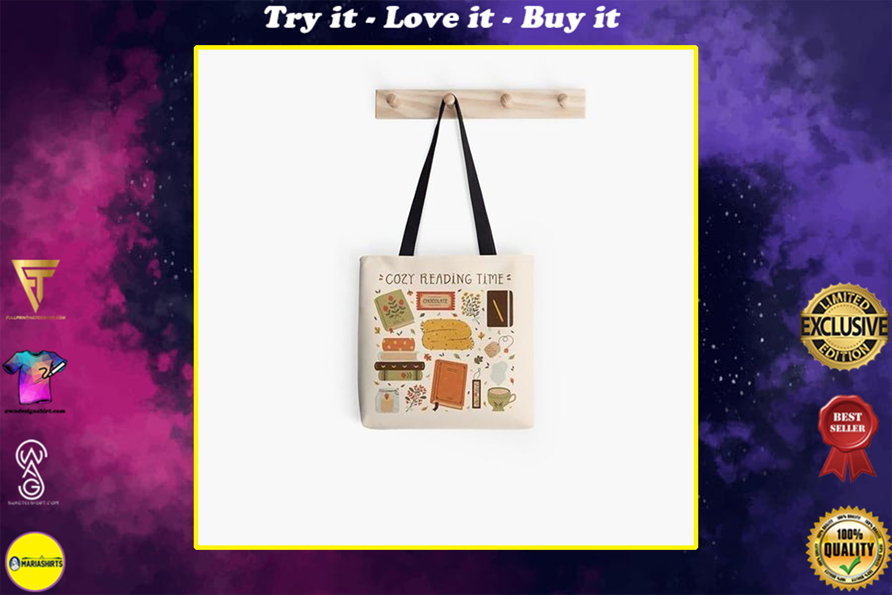 cozy reading time all over printed tote bag