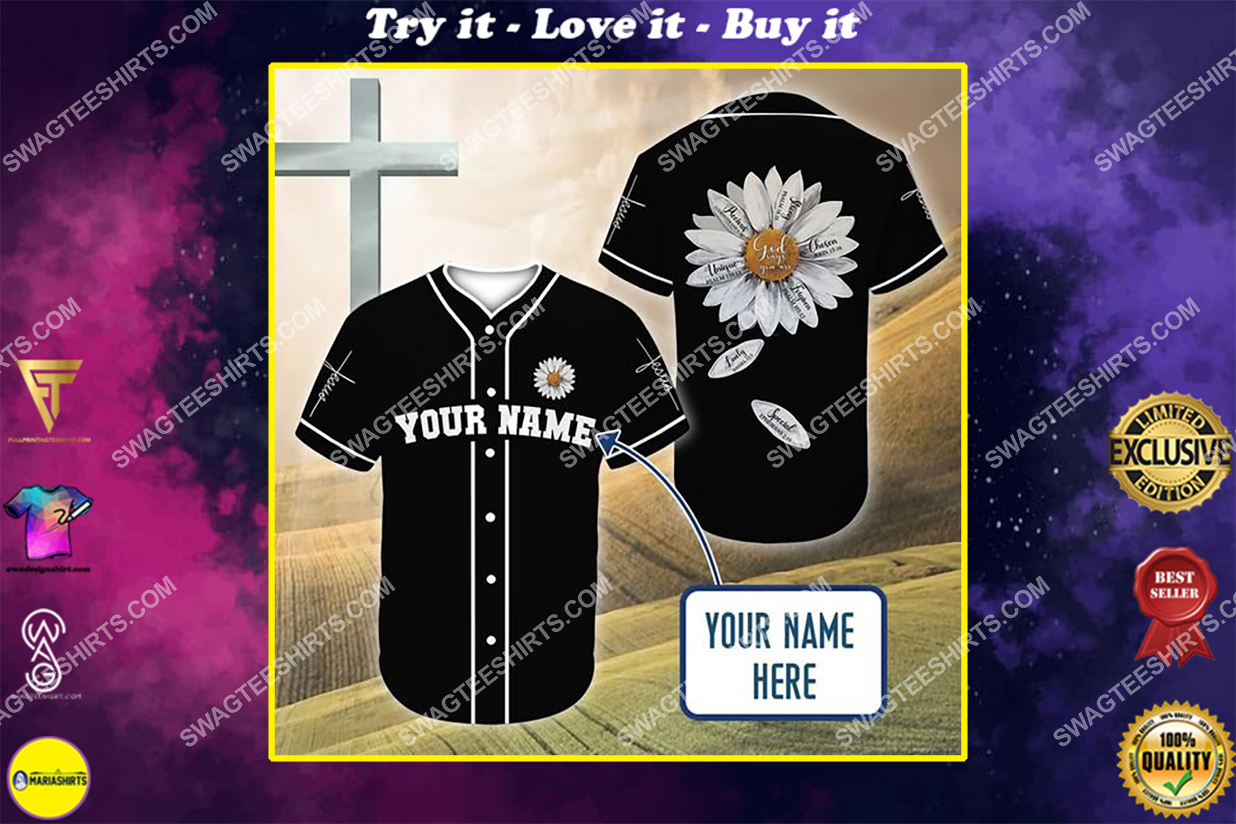 custom name Jesus and daisy flower all over printed baseball shirt