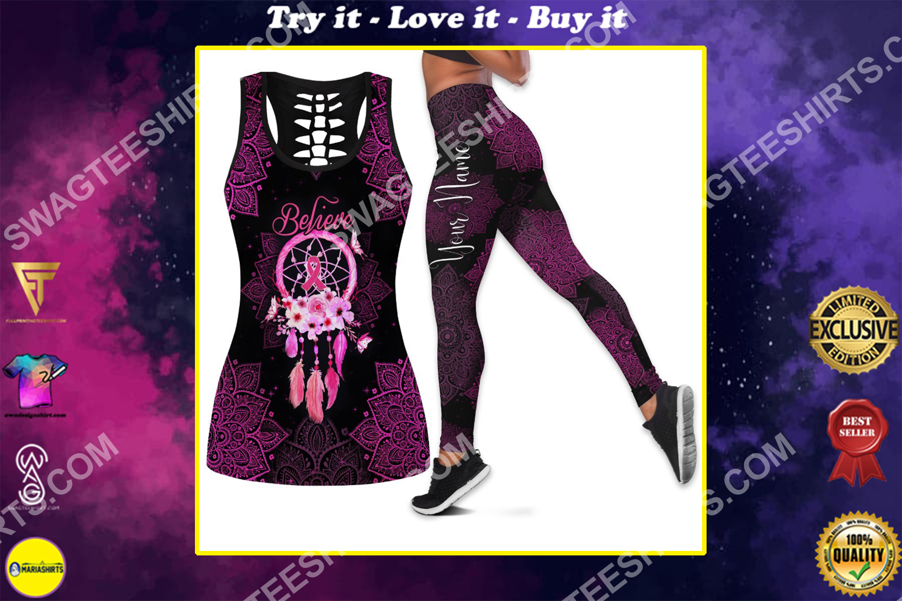 custom name believe dream catcher breast cancer all over printed set sports outfit