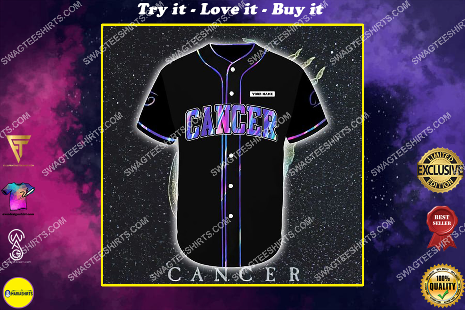 custom name cancer hologram zodiac all over printed baseball shirt