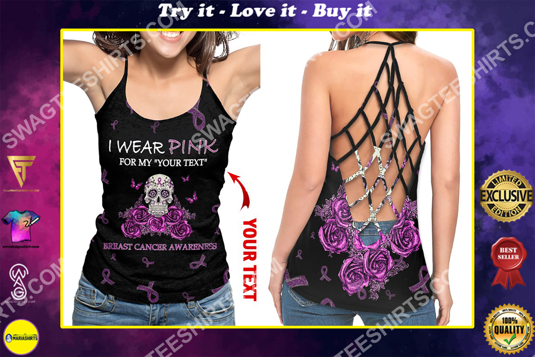 custom name i wear pink breast cancer awareness strappy back tank top
