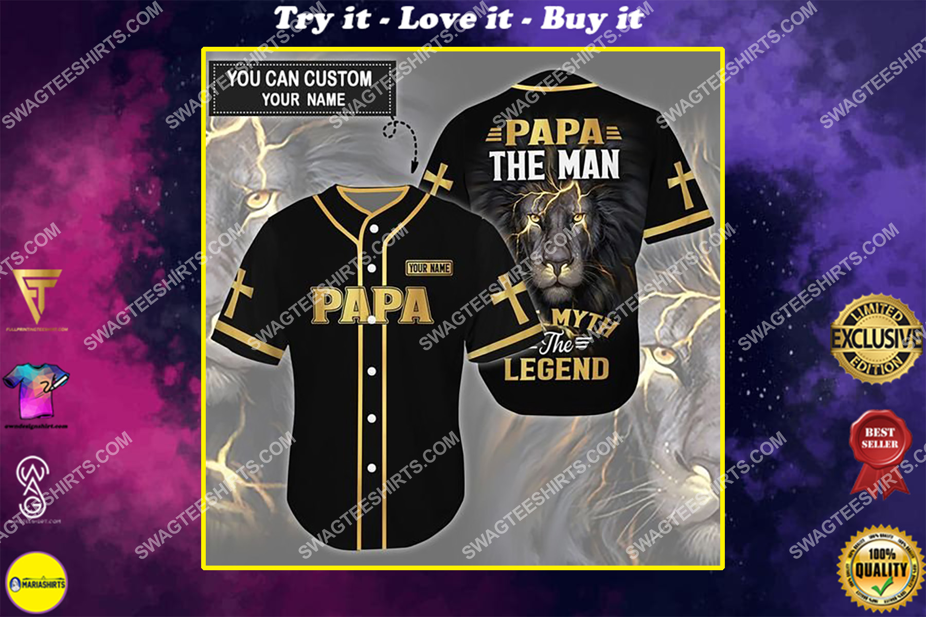 custom name lion papa the man the myth the legend all over printed baseball shirt