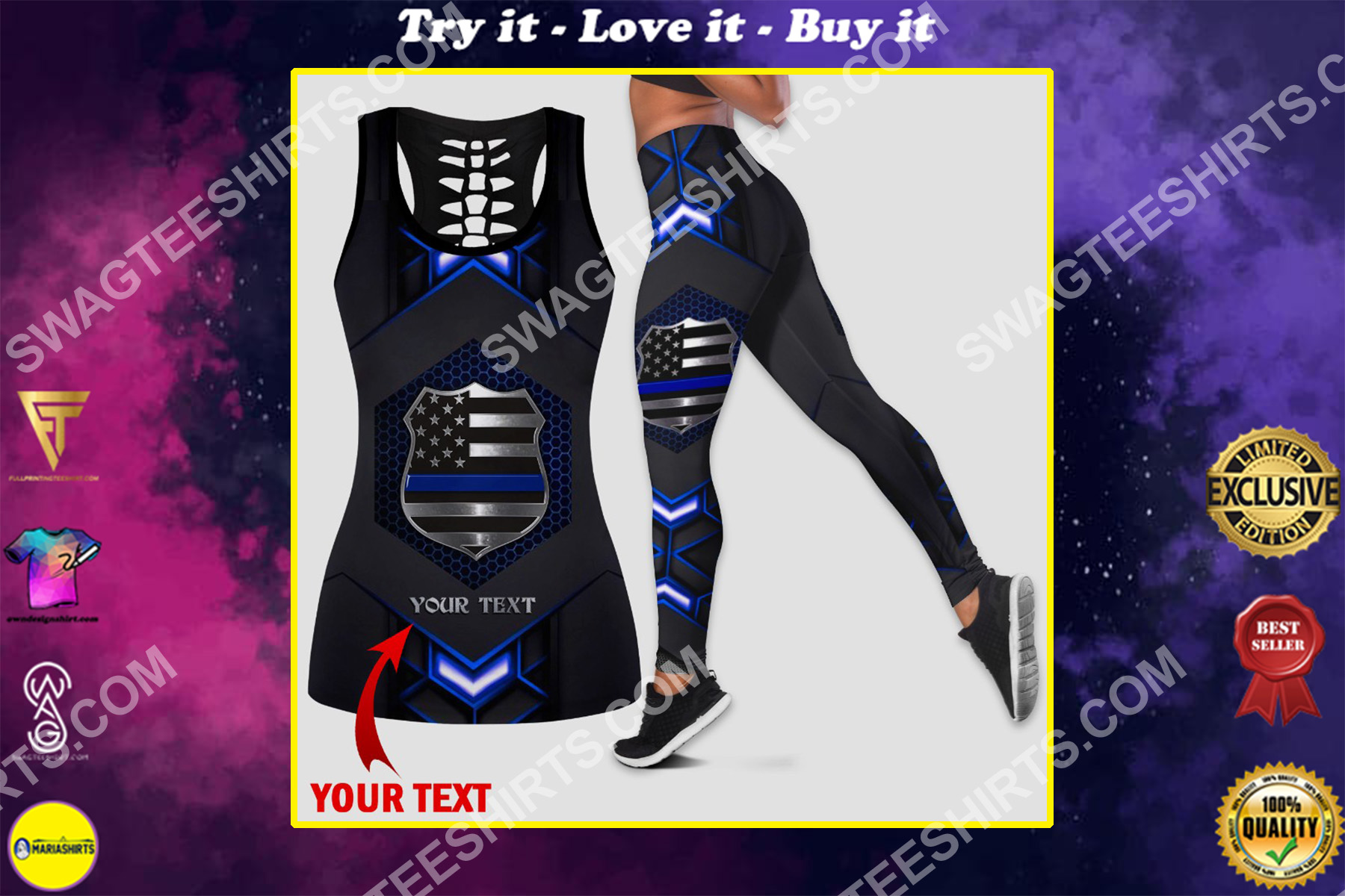 custom name police officers blue line all over printed set sports outfit