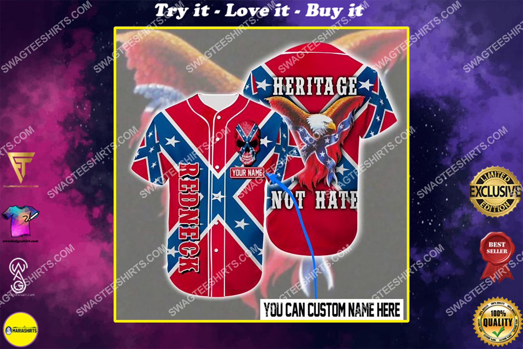 custom name the flags of the confederate heritage not hate all over printed baseball shirt