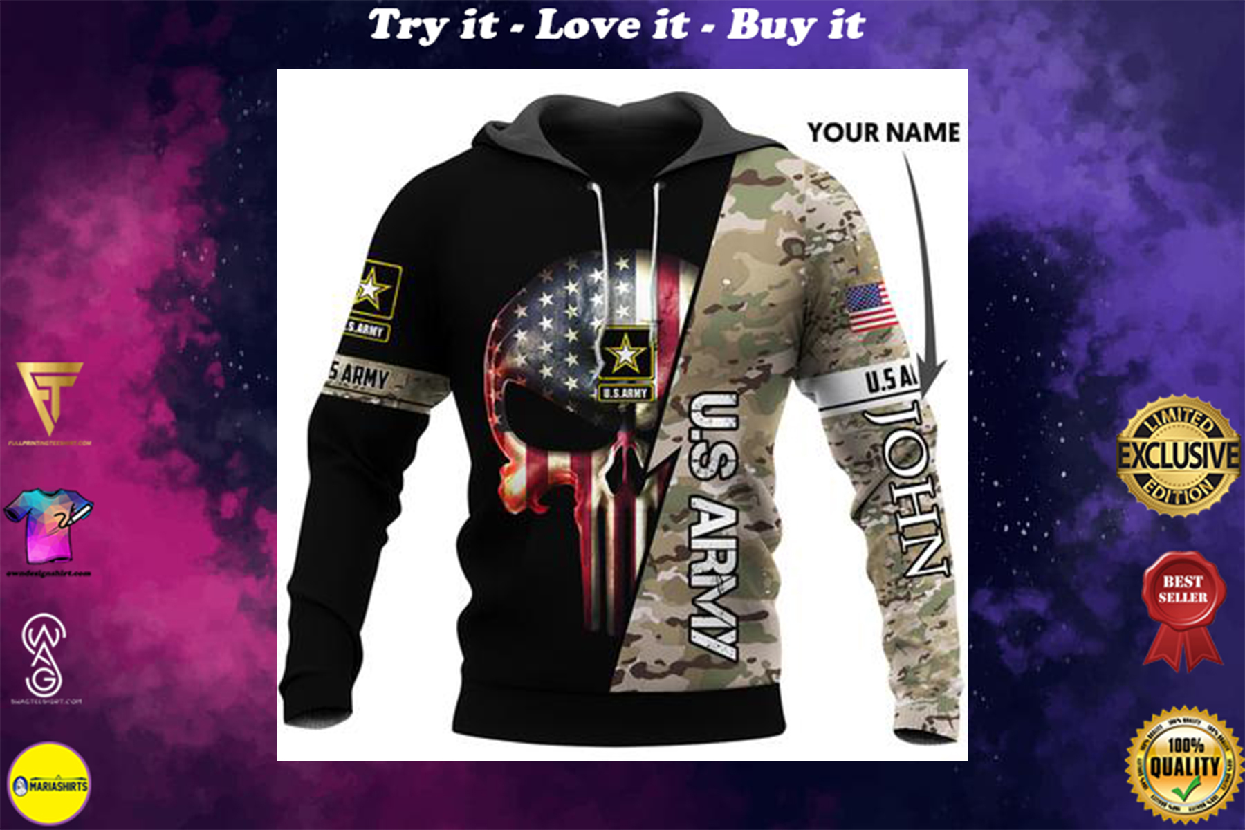 custom name us army skull american flag camo full over printed shirt