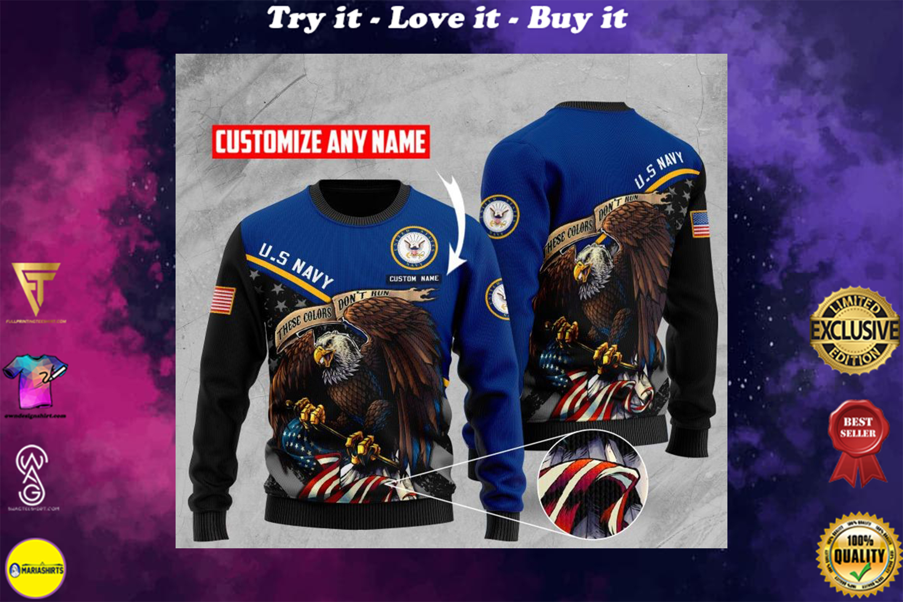 custom name us navy bald eagle american flag ugly sweater