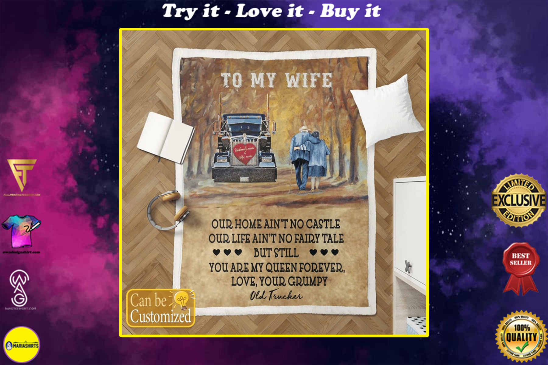 custome name to my wife you are my queen forever your grumpy old trucker blanket