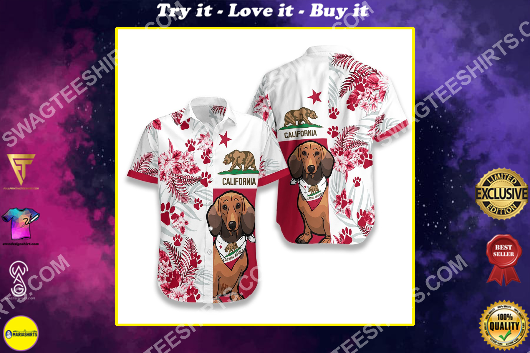 dachshund dog lover california flag all over printed hawaiian shirt