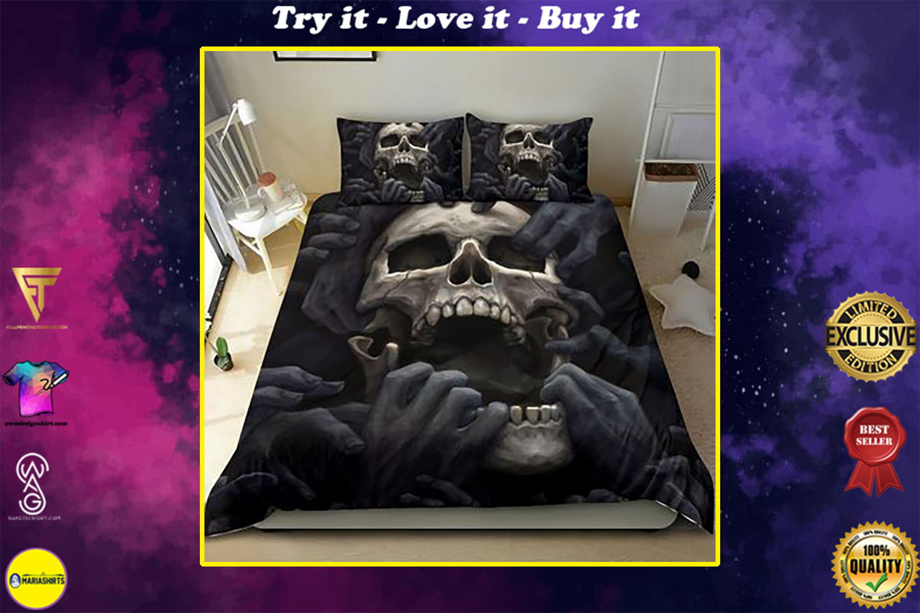 dark skull screaming all over print bedding set