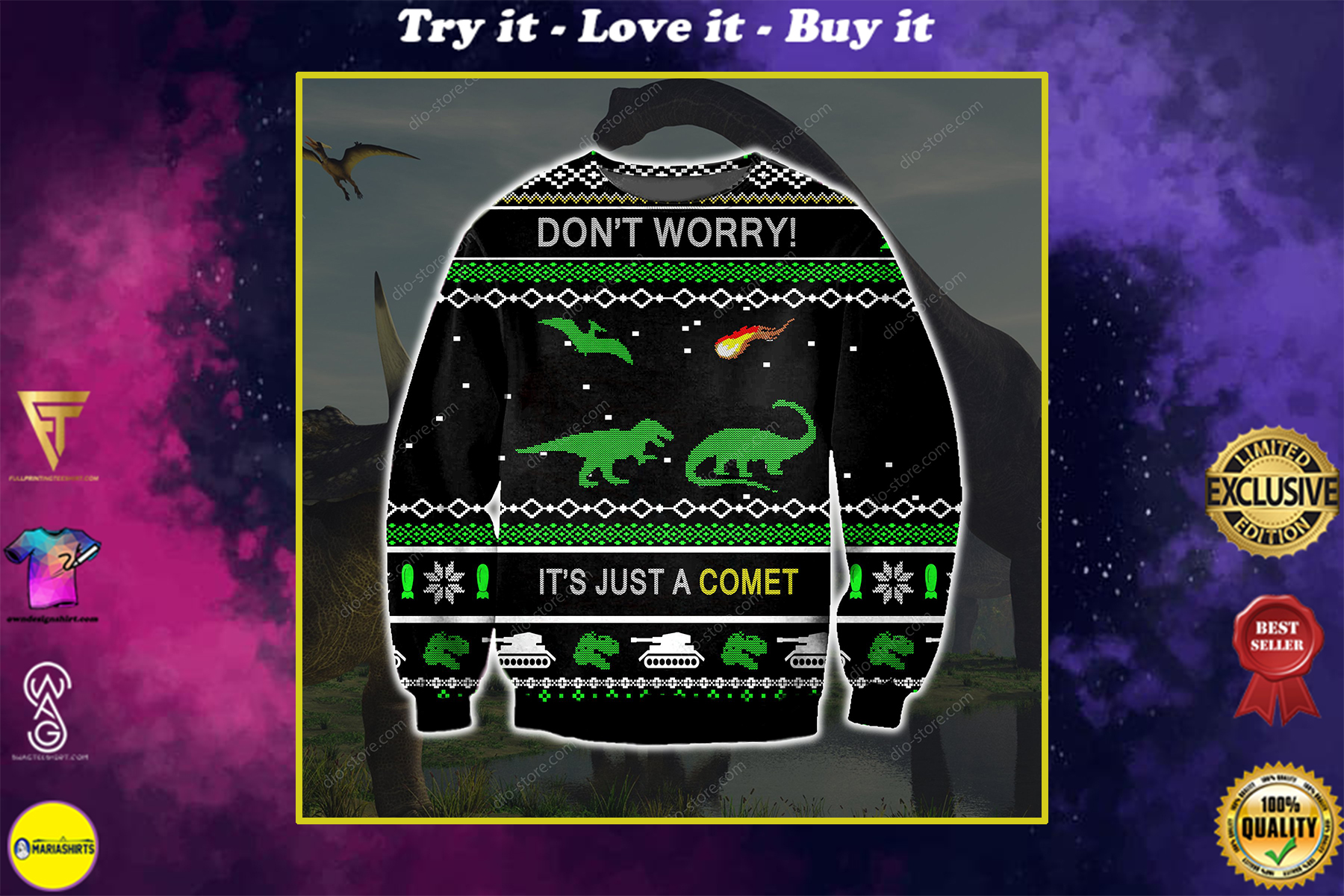 dinosaur dont worry its just a comet all over printed ugly christmas sweater