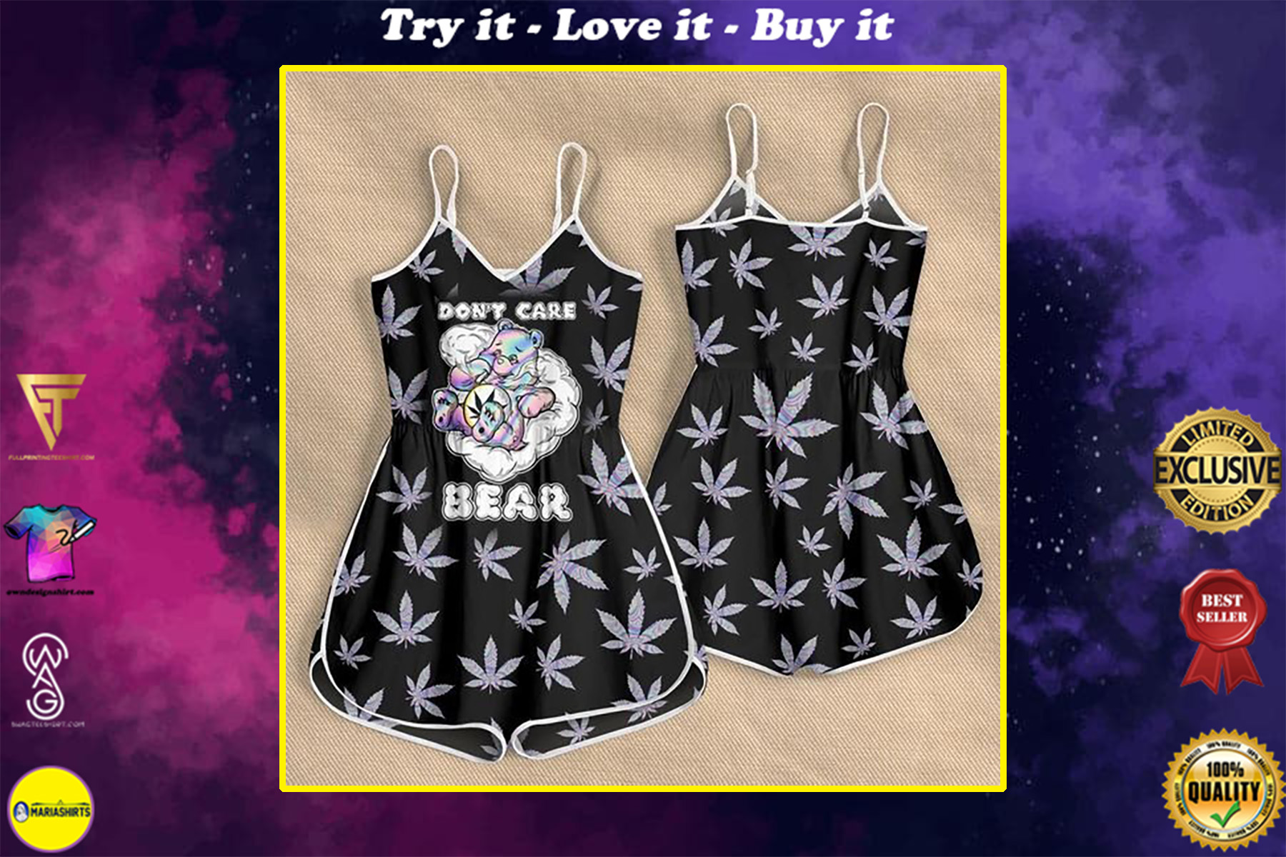 dont care bear weed leaf all over print rompers