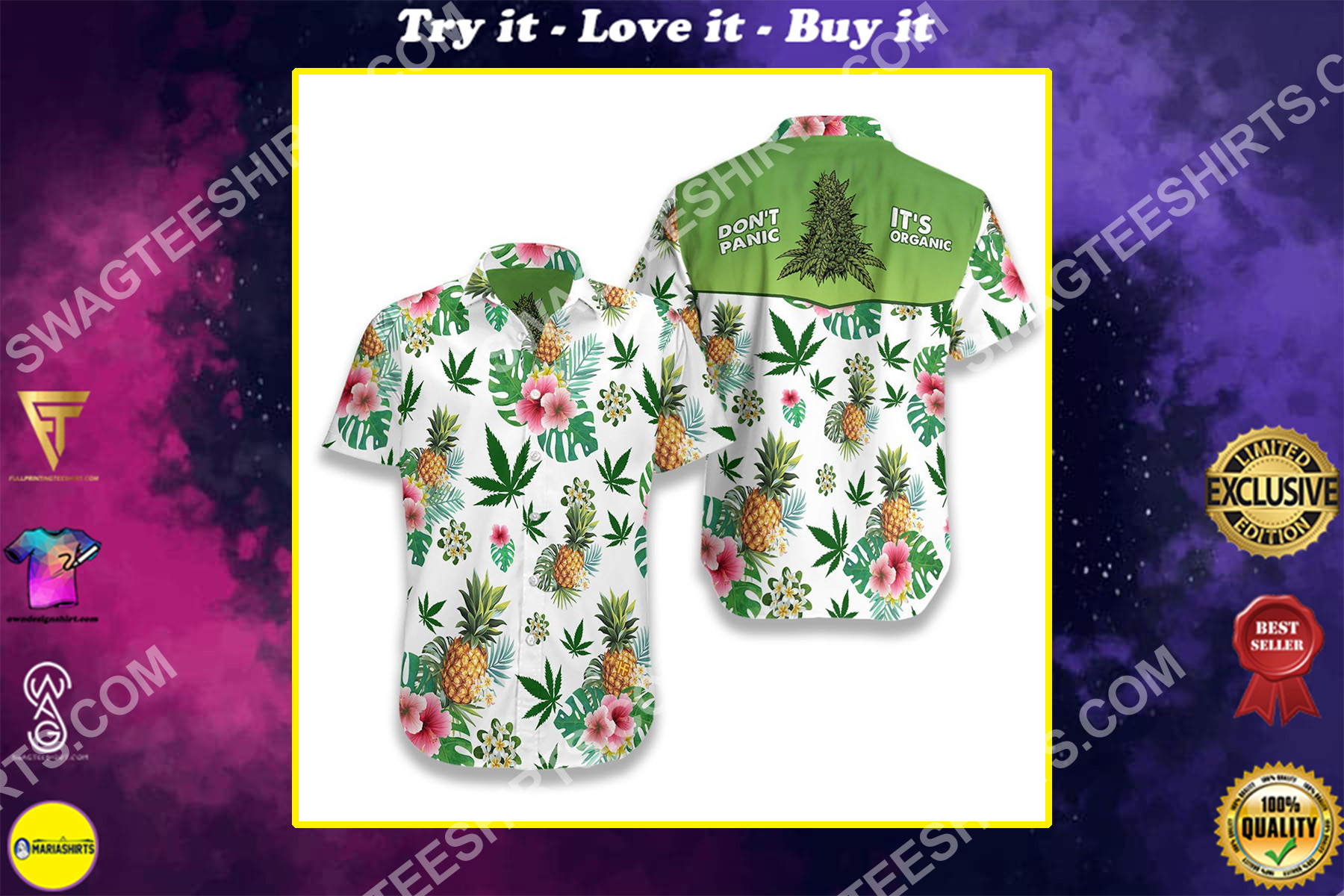 dont panic its organic cannabis all over printed hawaiian shirt