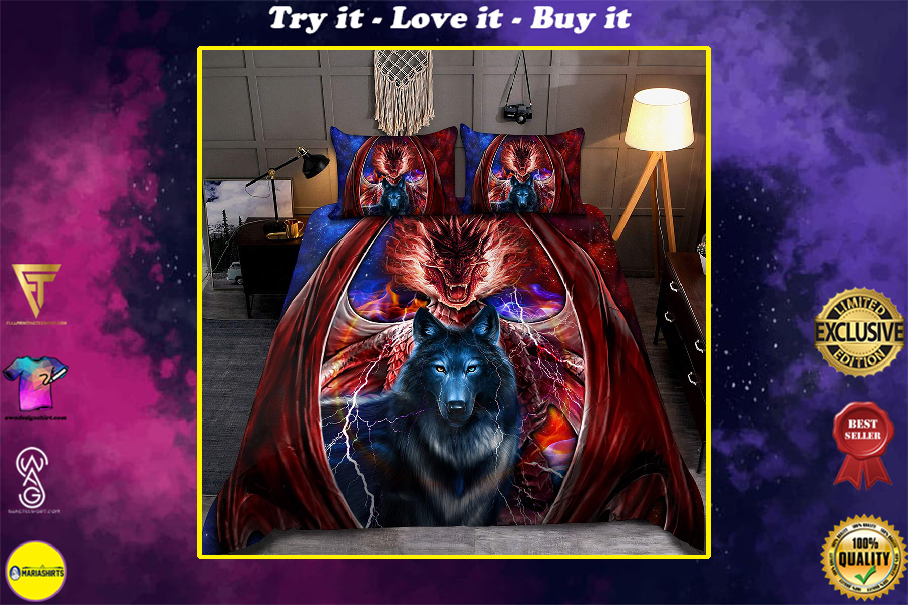 dragon and wolf all over print bedding set