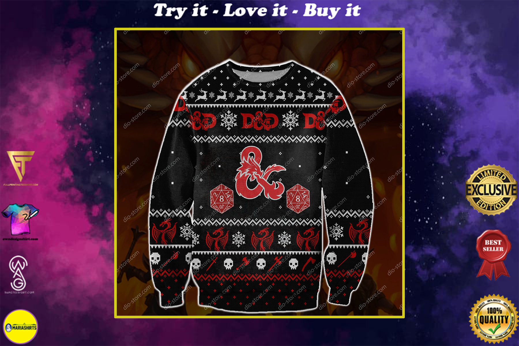 dungeons and dragons all over printed ugly christmas sweater