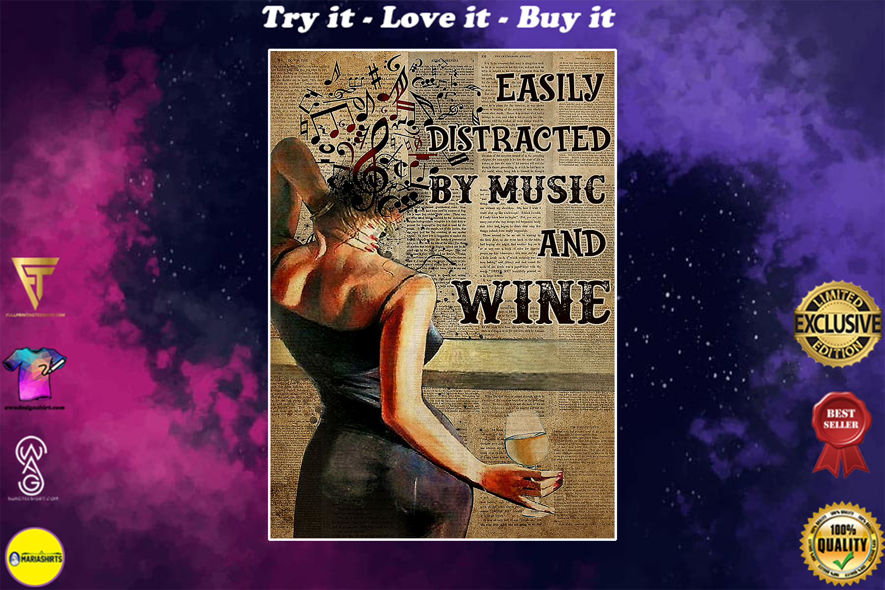 easily distracted by music and white wine book page vintage poster