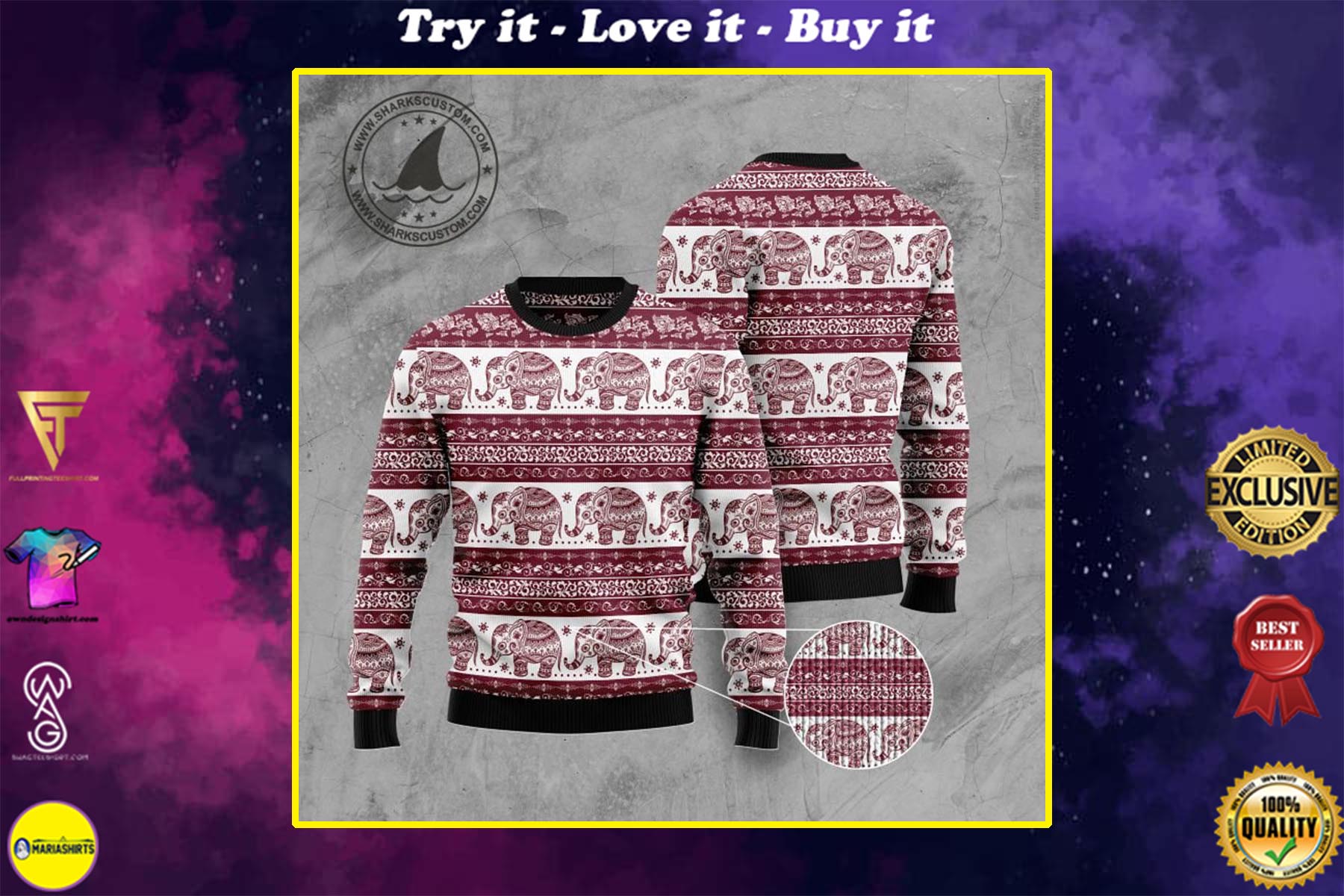 elephant mandala all over printed ugly christmas sweater
