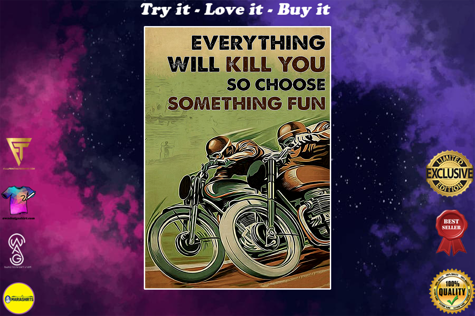everything will kill you so choose something fun motor racing vintage poster