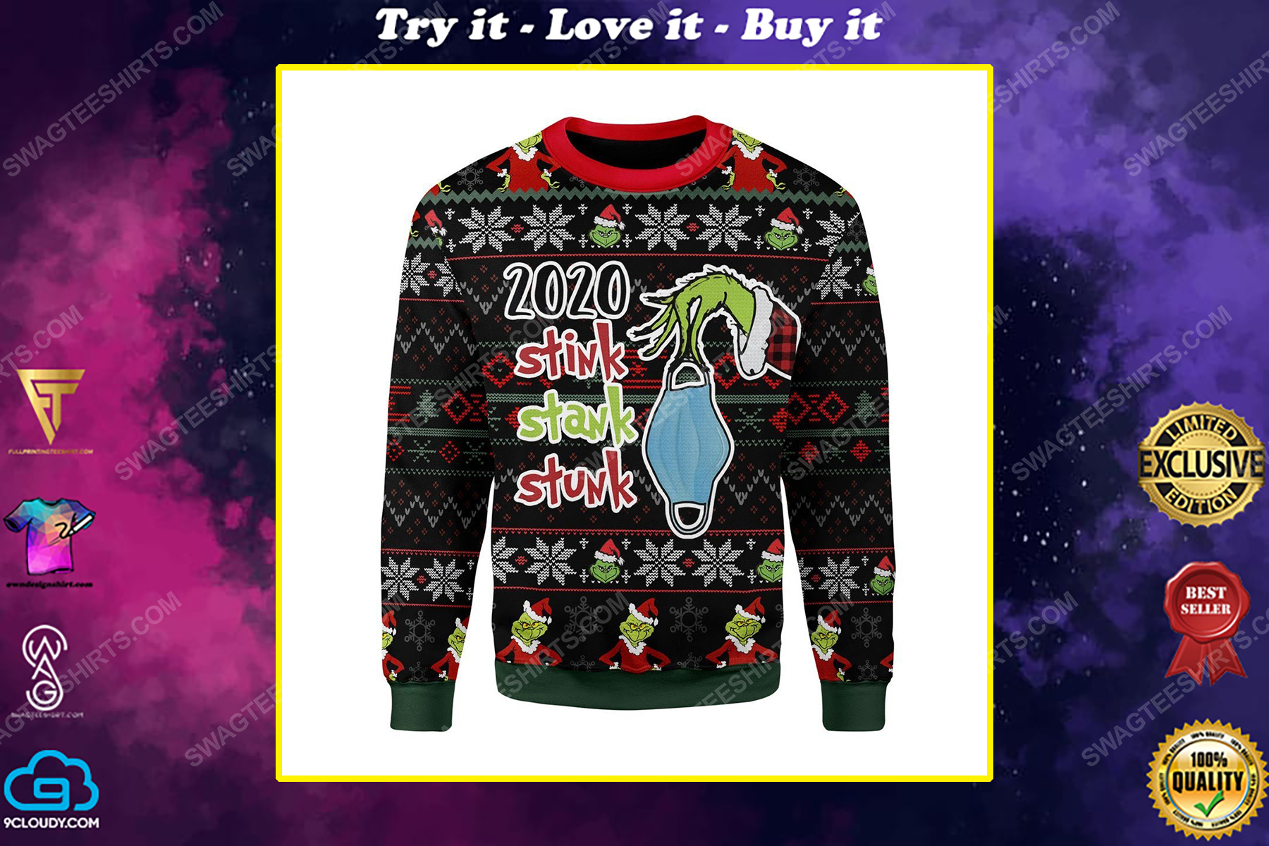 Grinch hand with mask stink stank stunk ugly christmas sweater