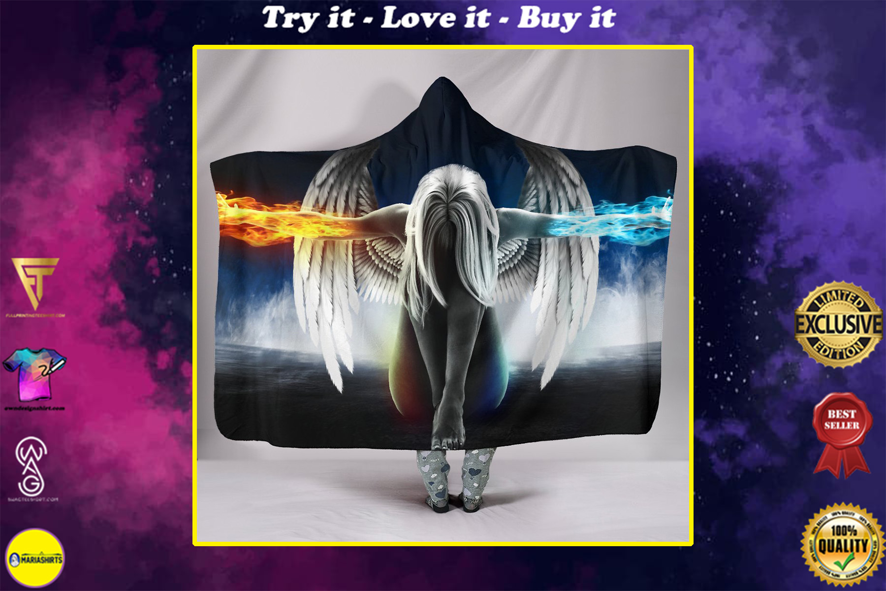fire and water angel girl full printing hooded blanket