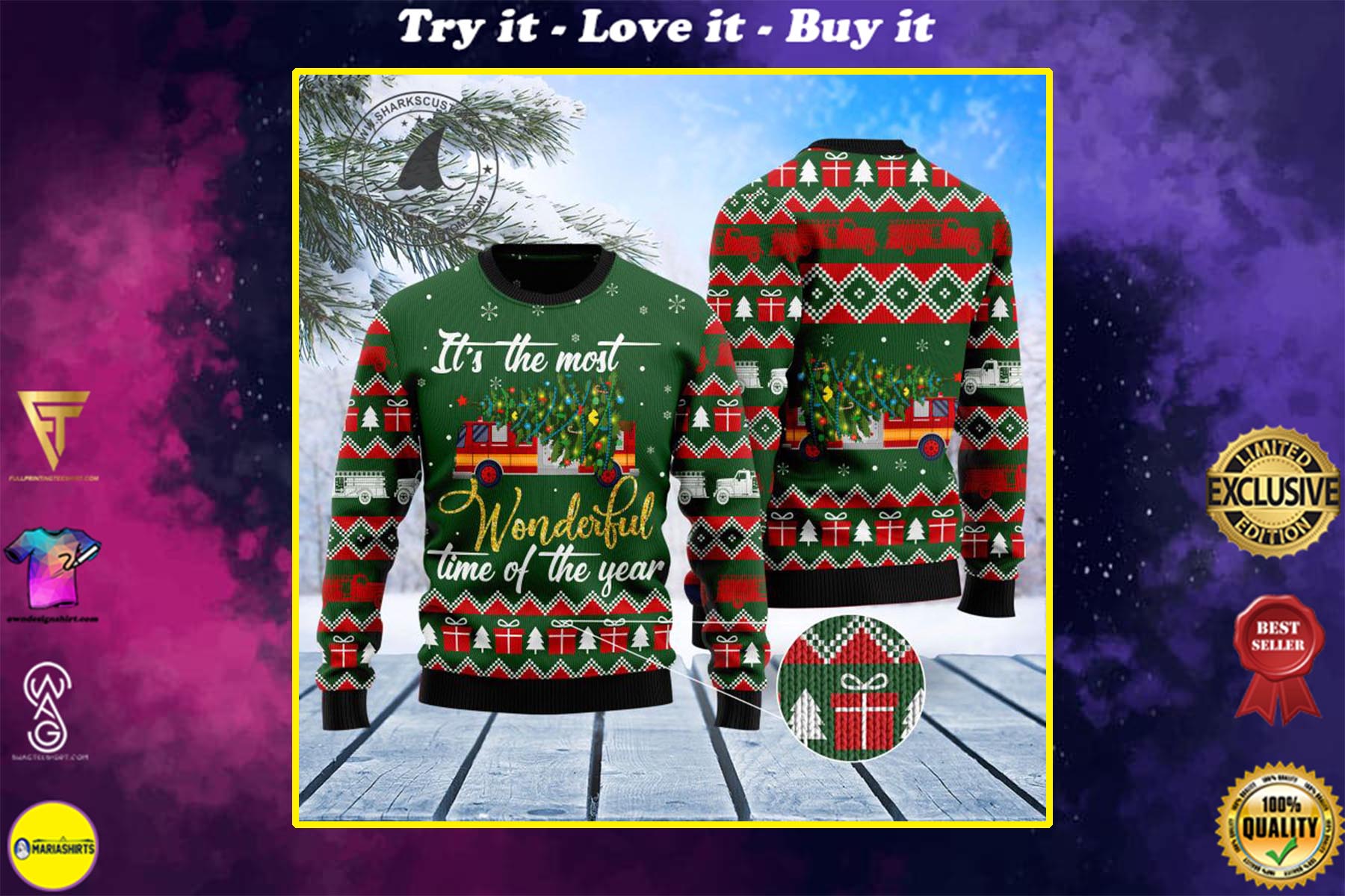 firefighter its the most wonderful time of year all over printed ugly christmas sweater