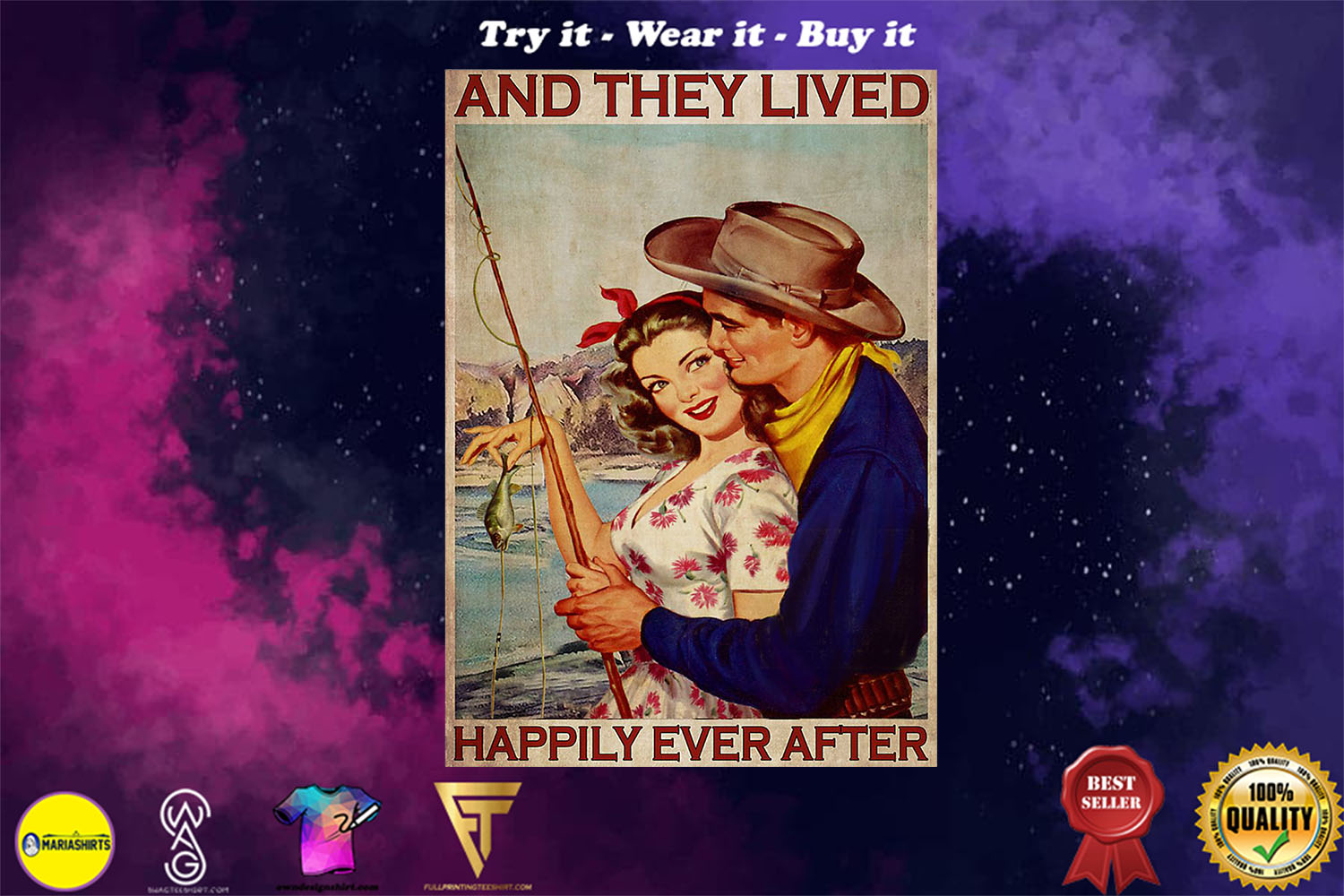 fishing couple and they lived happily ever after vintage poster