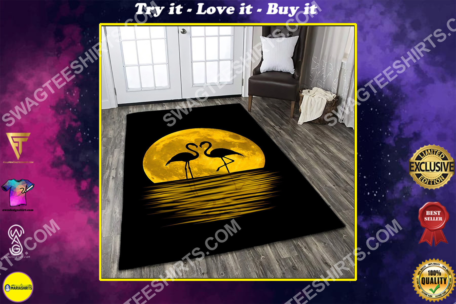 flamingo in the moon all over printed rug