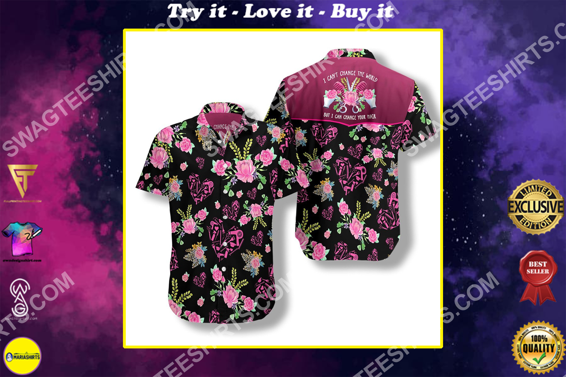 floral hairstylist all over printed hawaiian shirt