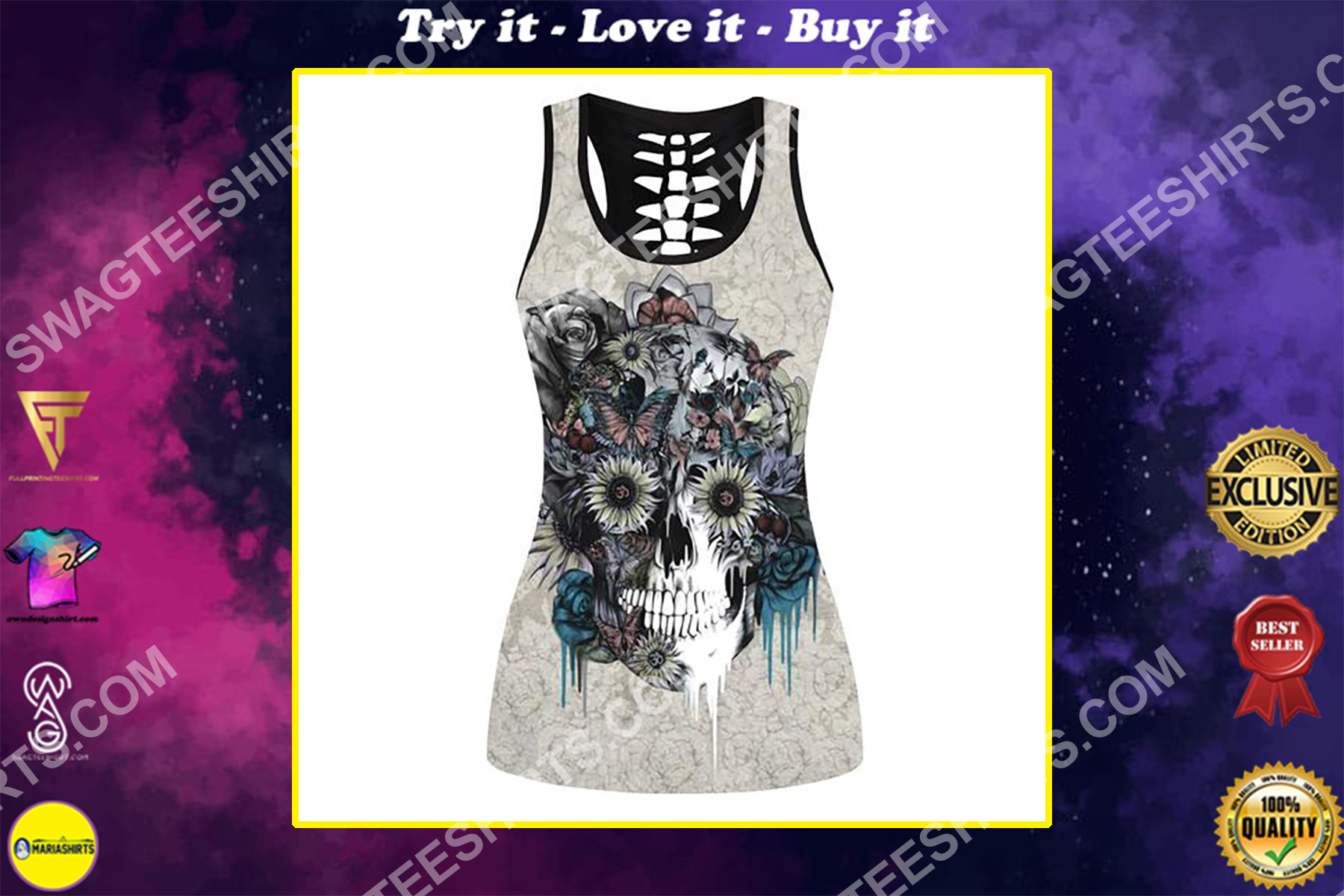 flower and skull full printing hollow tank top