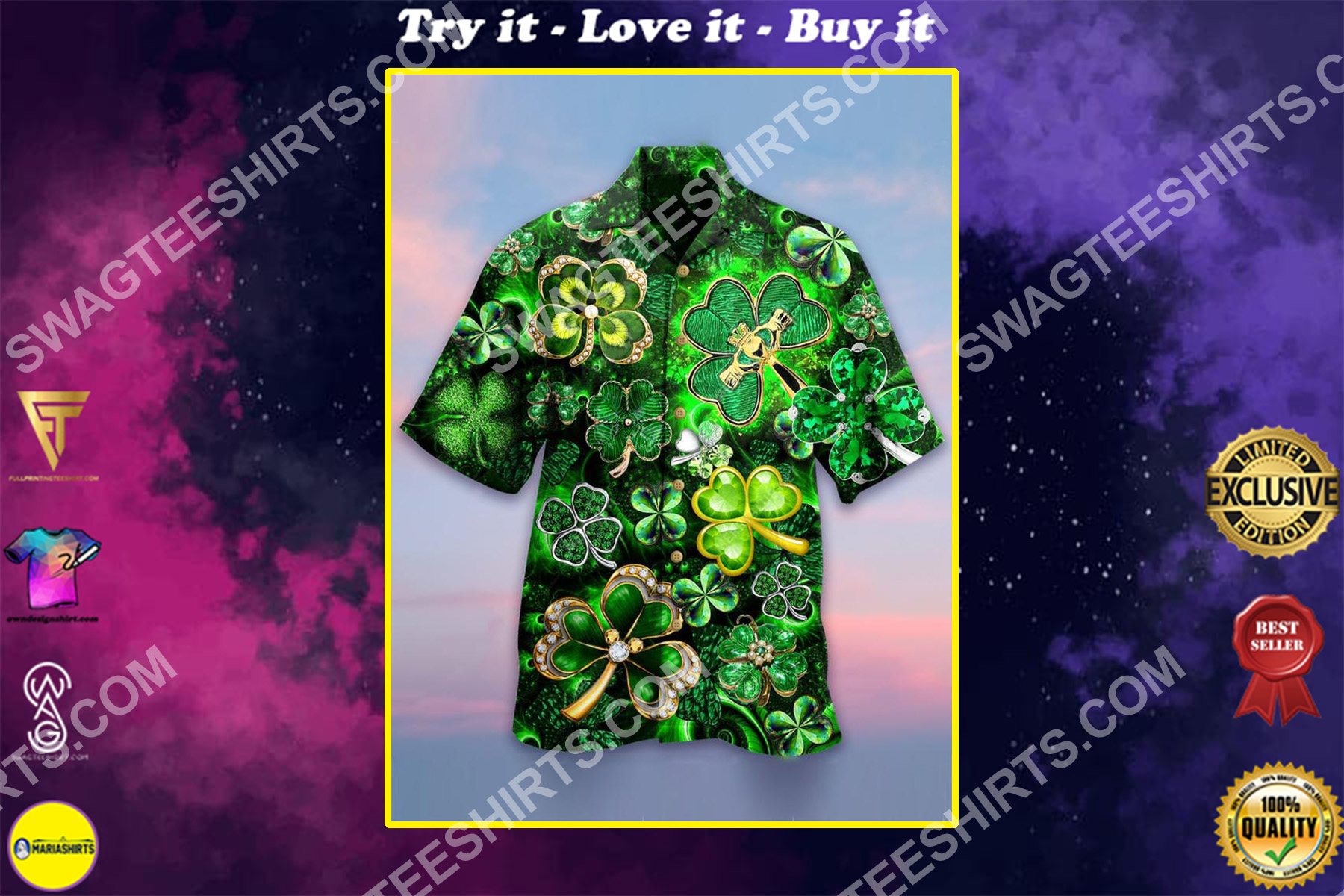 four-leaf clover saint patrick's day all over printing hawaiian shirt