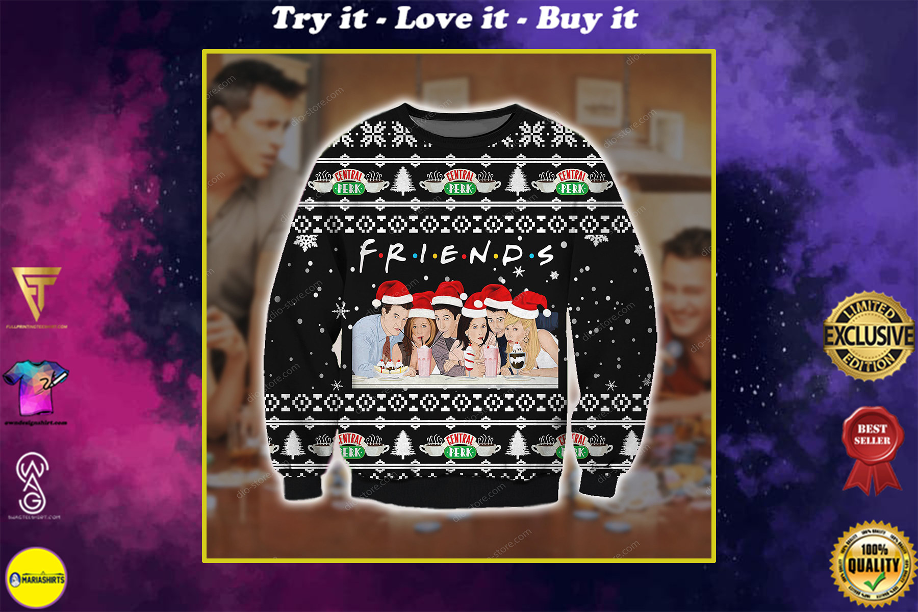 friend tv show all over printed ugly christmas sweater