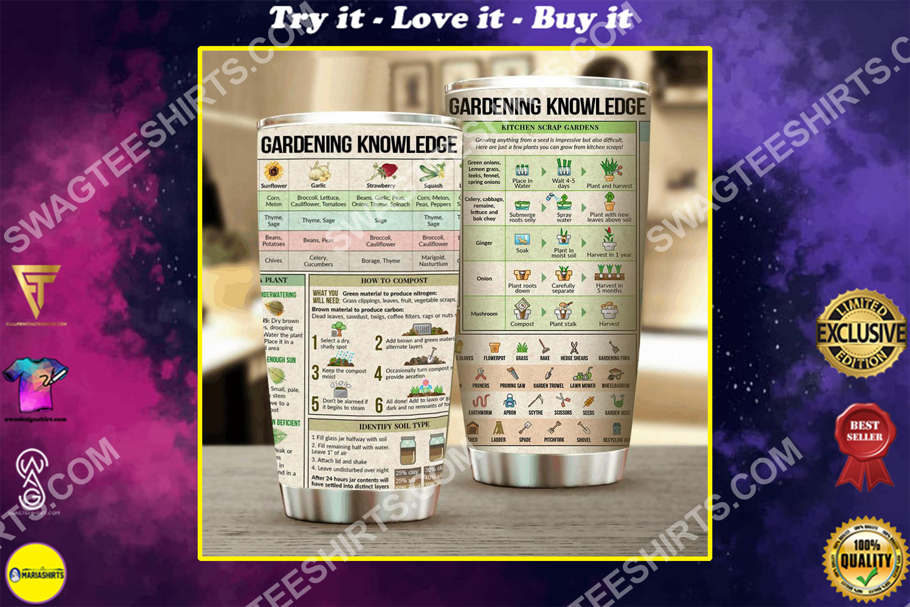 gardening knowledge all over printed stainless steel tumbler