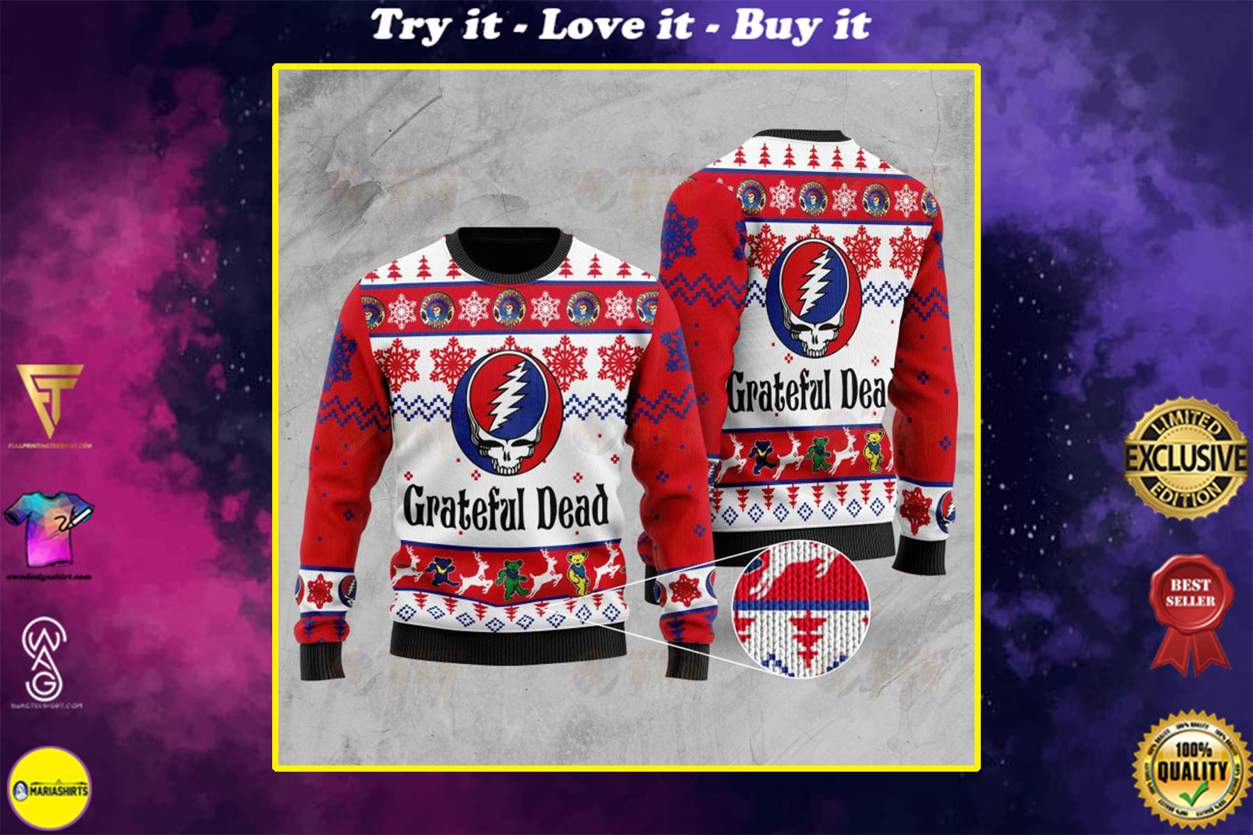 grateful dead all over printed ugly christmas sweater