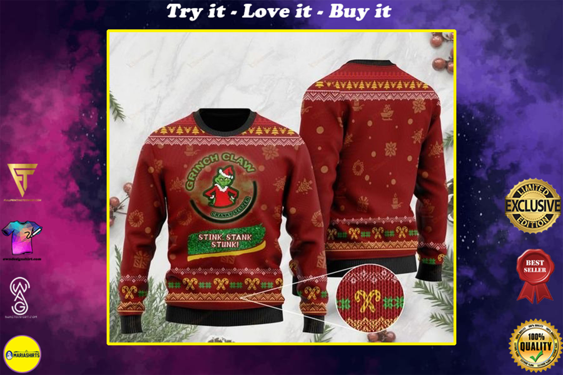 grinch claw cranky seltzer stink stank stunk all over printed ugly christmas sweater