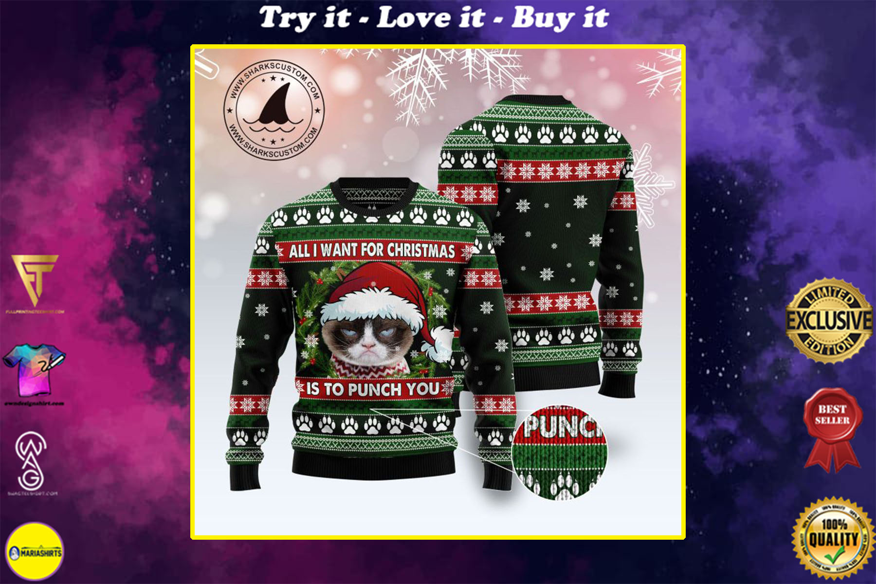grumpy cat all i want for christmas is to punch you ugly christmas sweater