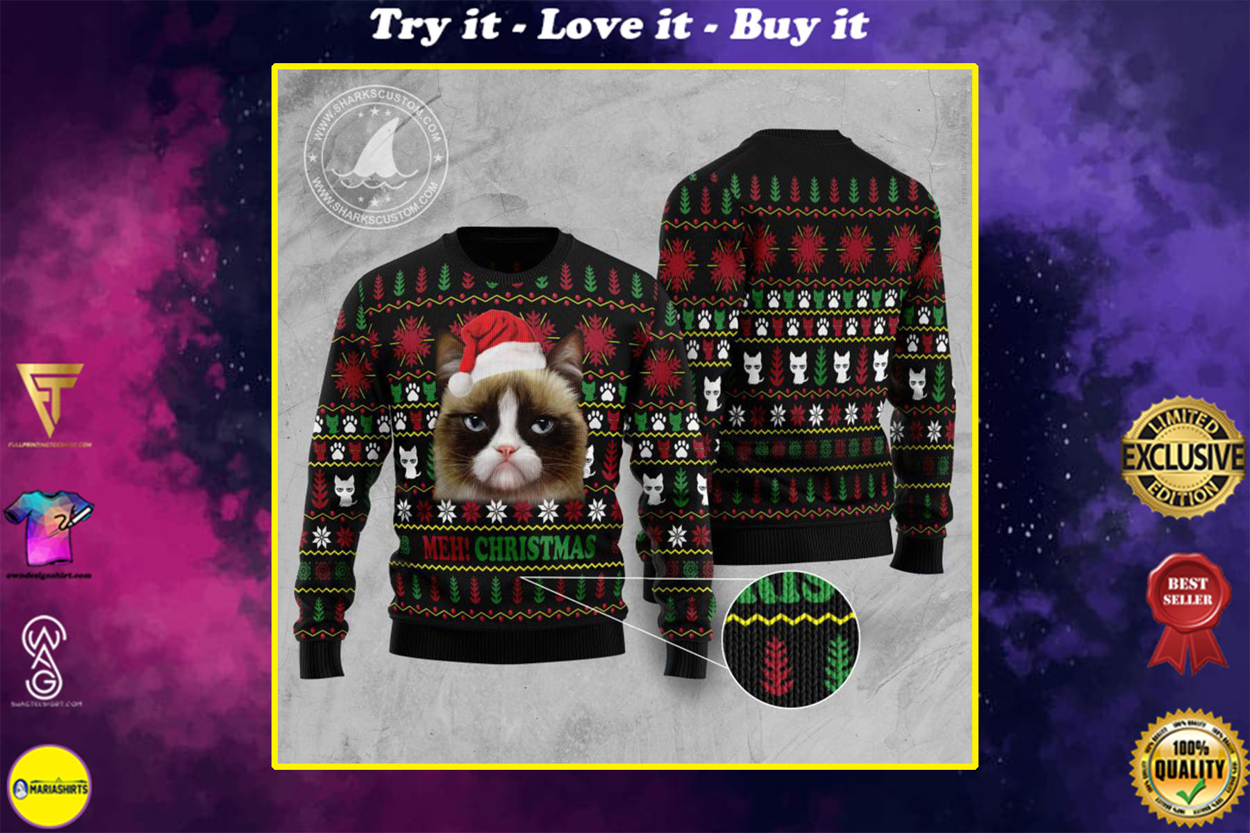 grumpy cat meh christmas all over printed ugly christmas sweater