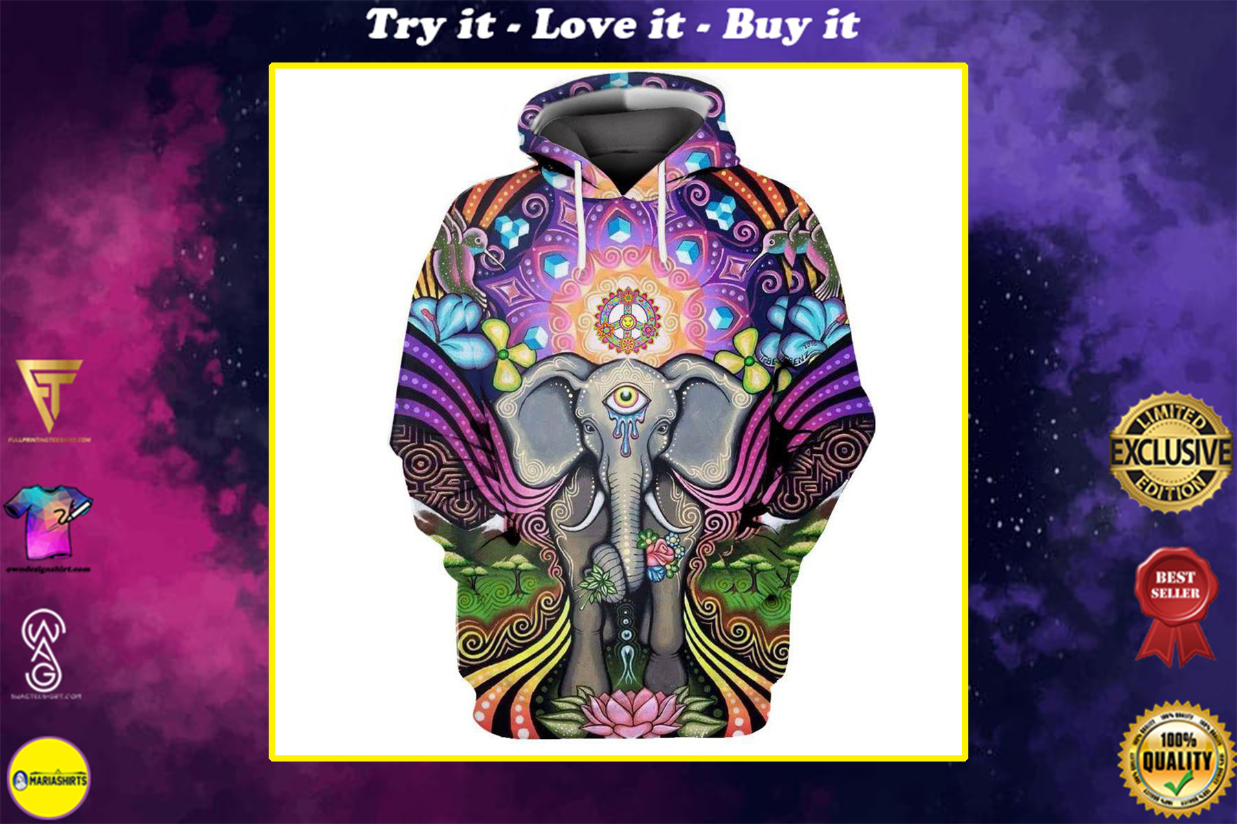 hippie elephant with mandala all over printed shirt