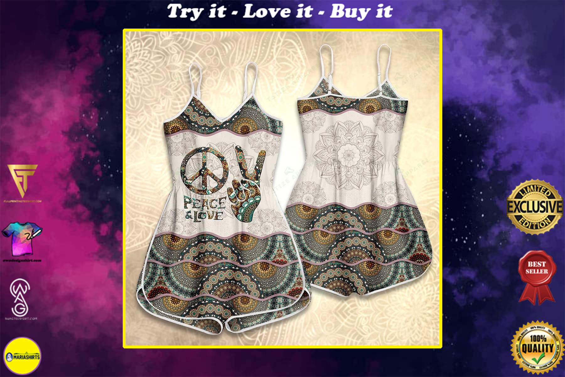 hippie peace love mandala version all over print rompers