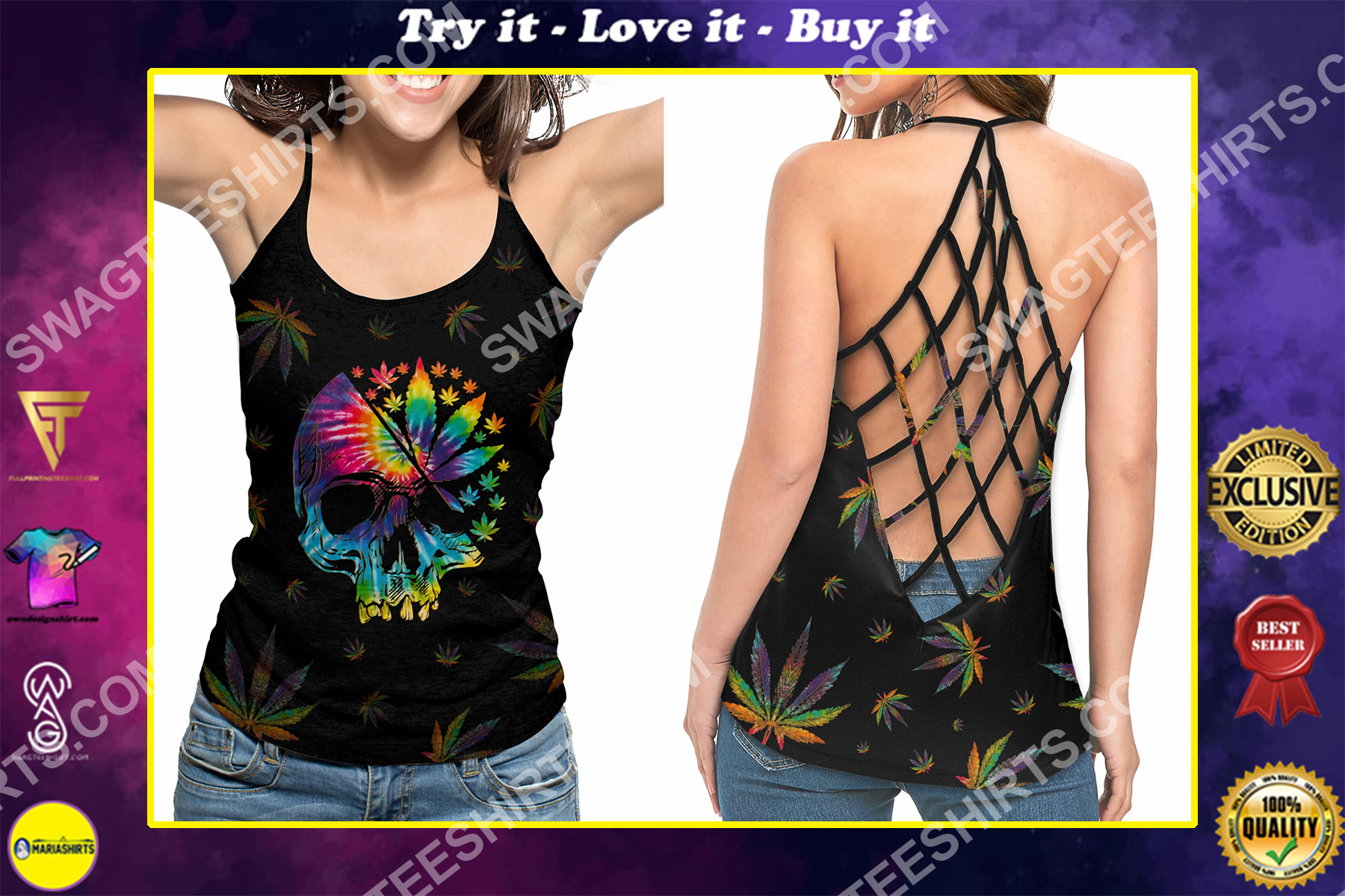 hippie skull weed leaf colorful strappy back tank top