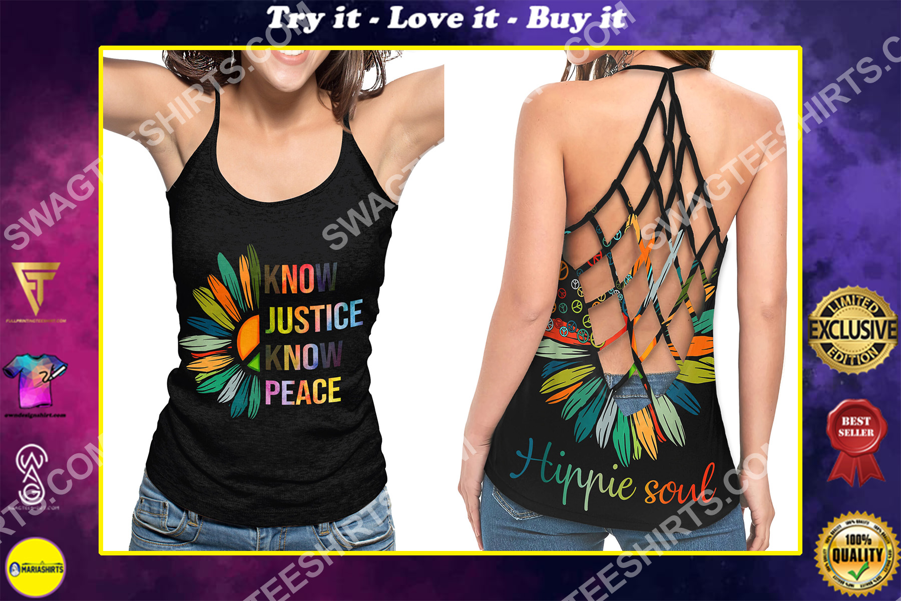 hippie soul know justice know peace flower strappy back tank top
