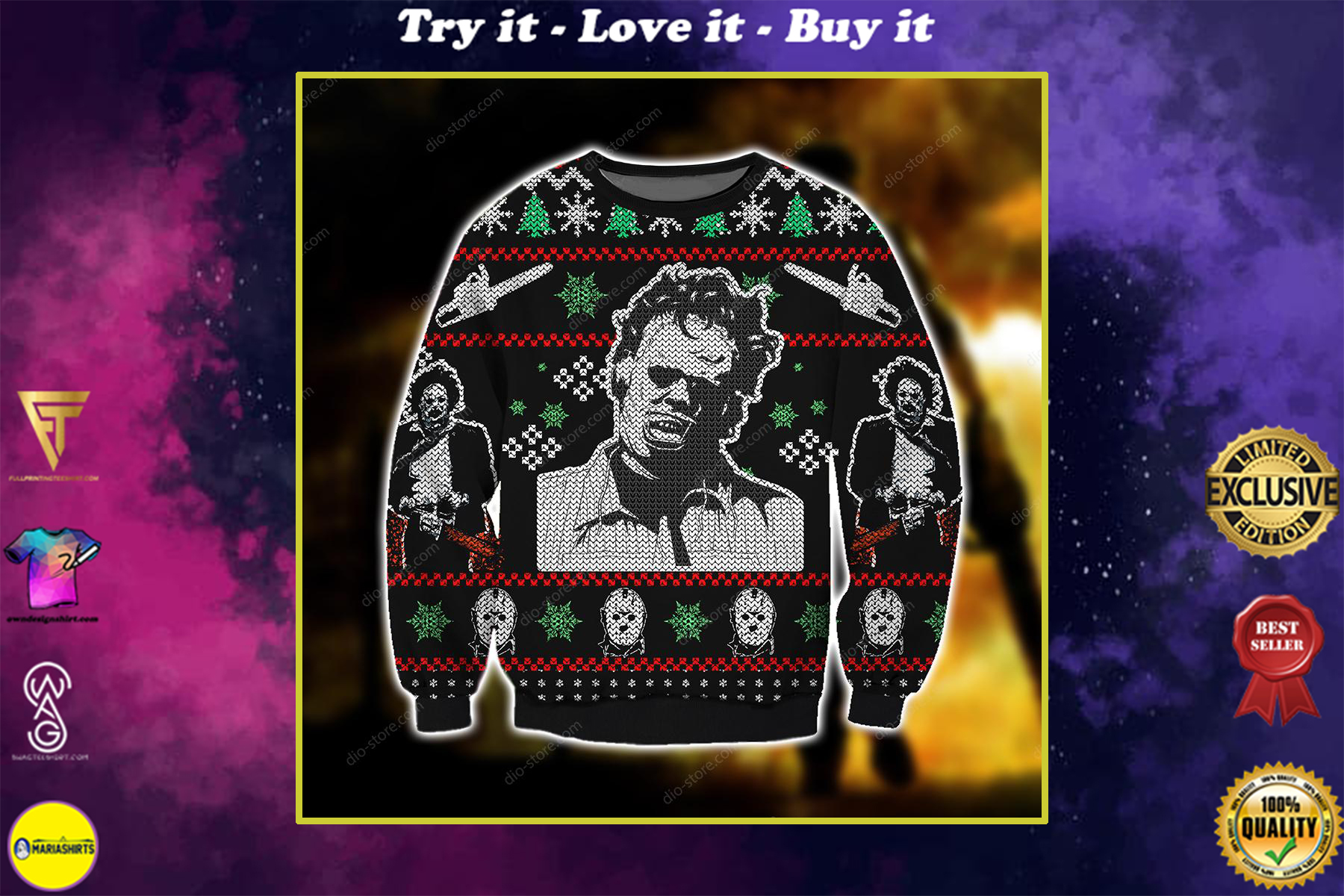 horror movie leatherface all over printed ugly christmas sweater