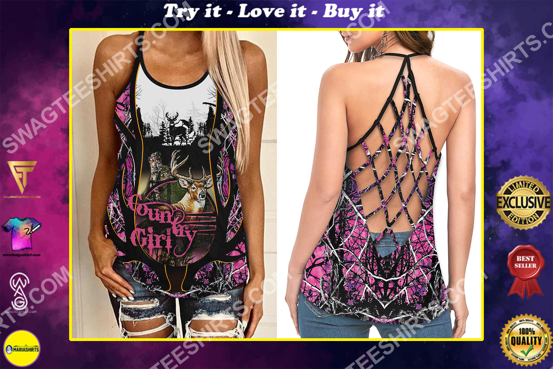 hunting country girl full printing strappy back tank top