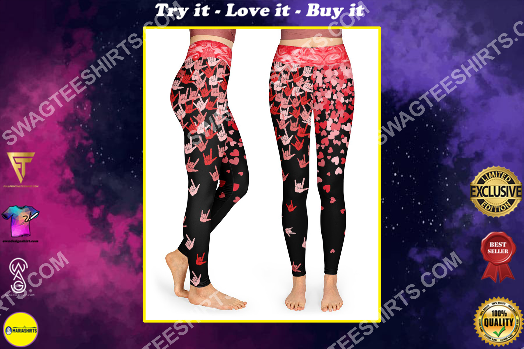i love you hand sign all over printed high waist leggings