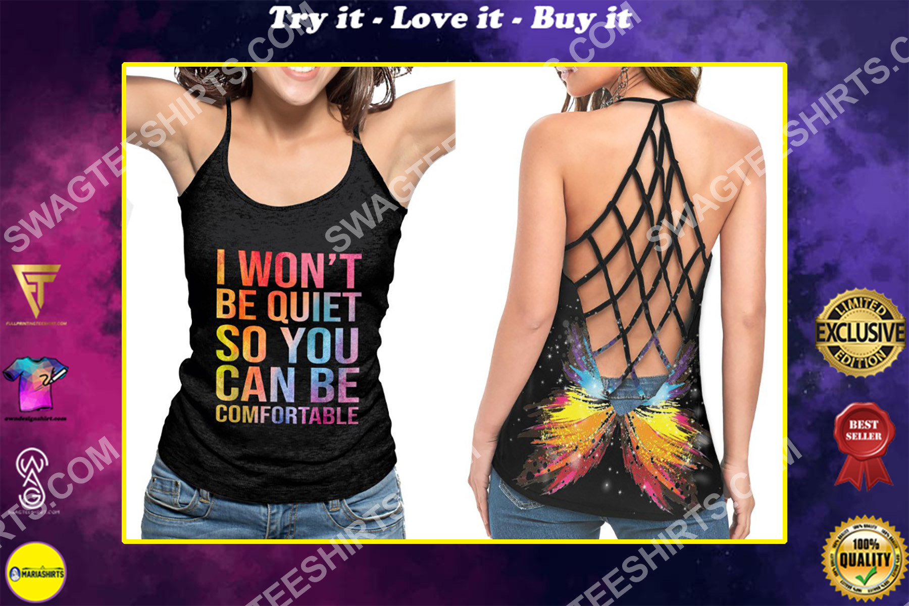 i wont be quiet so you can be comfortable all over printed strappy back tank top