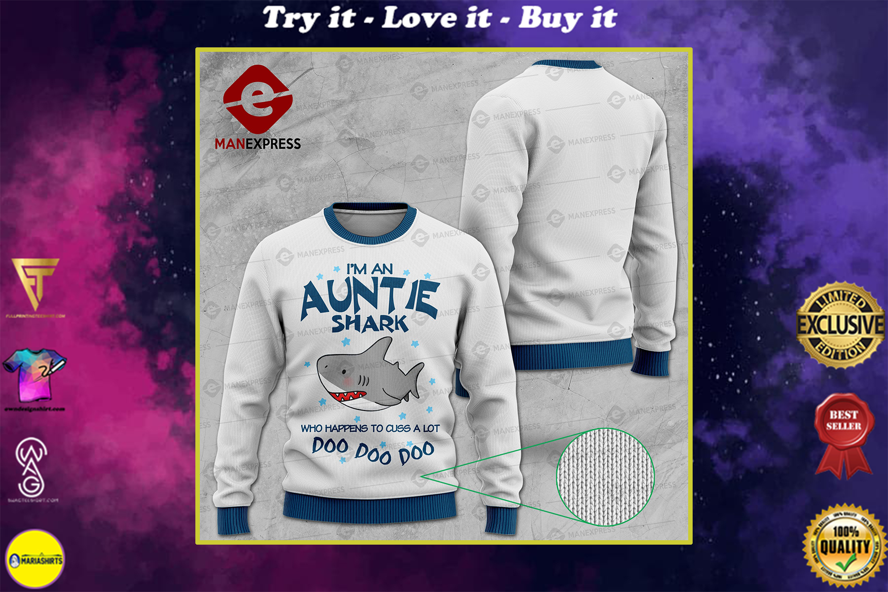 im an auntie shark who happens to cuss a lot doo doo doo ugly christmas sweater