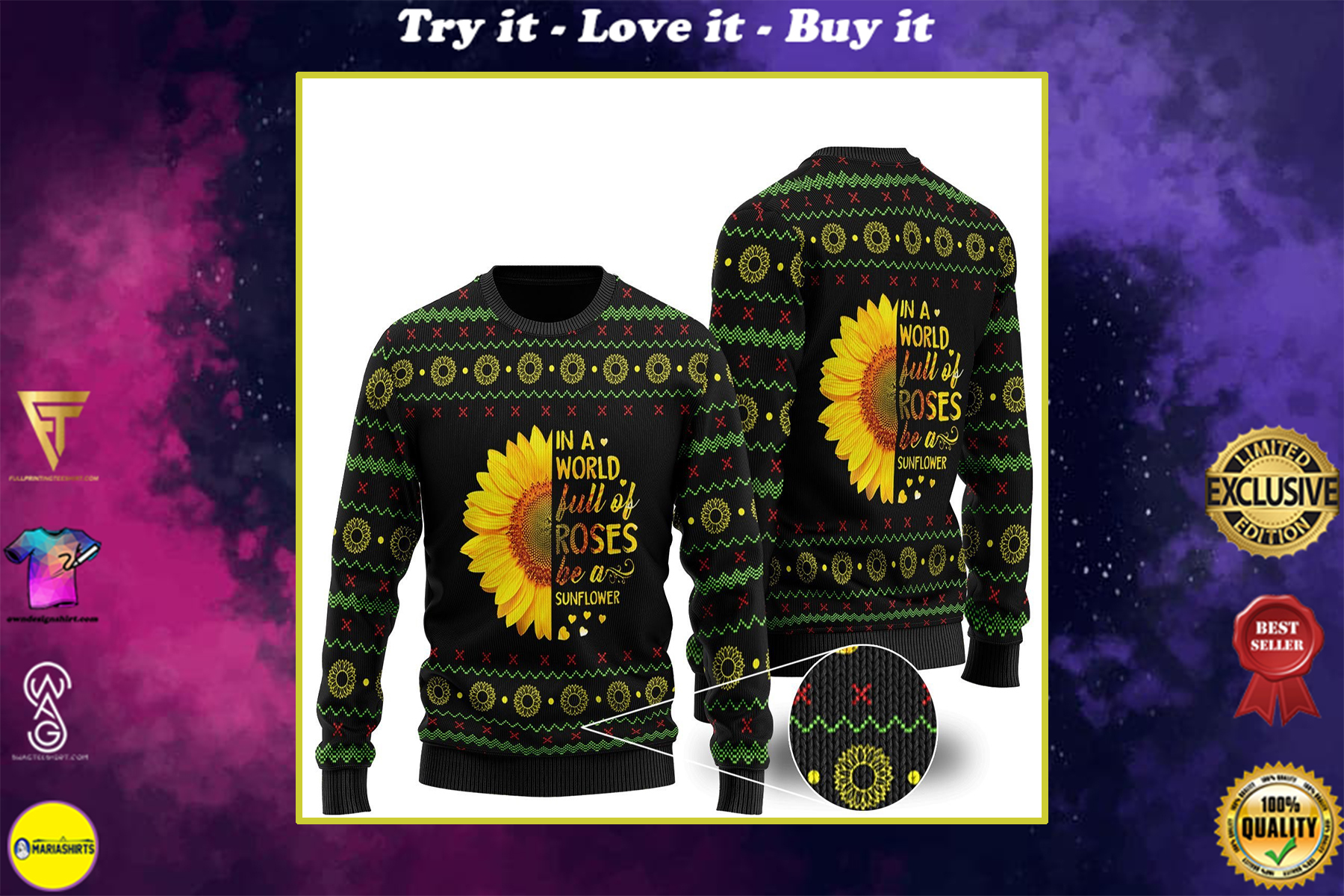 in a world full of roses be a sunflower ugly christmas sweater