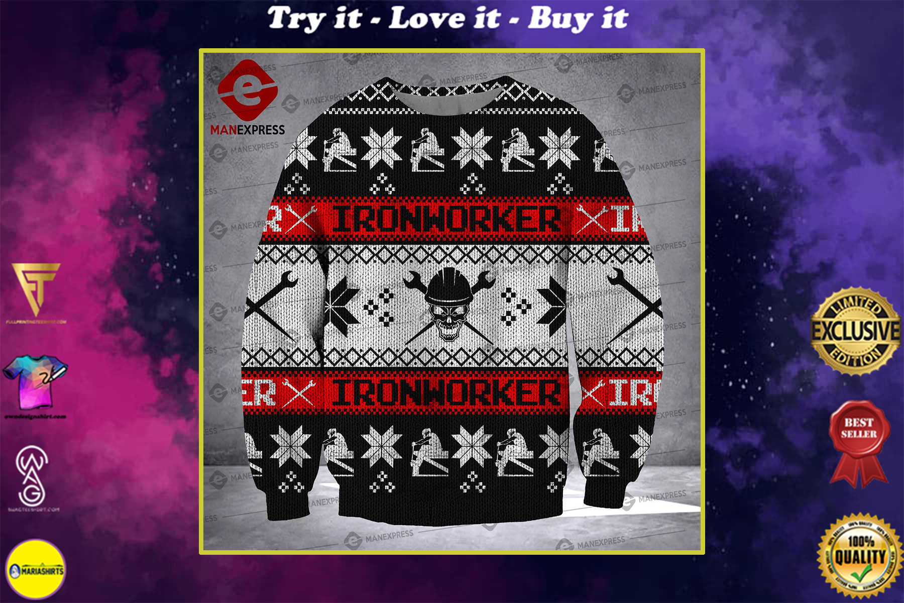 ironworker skull all over printed ugly christmas sweater